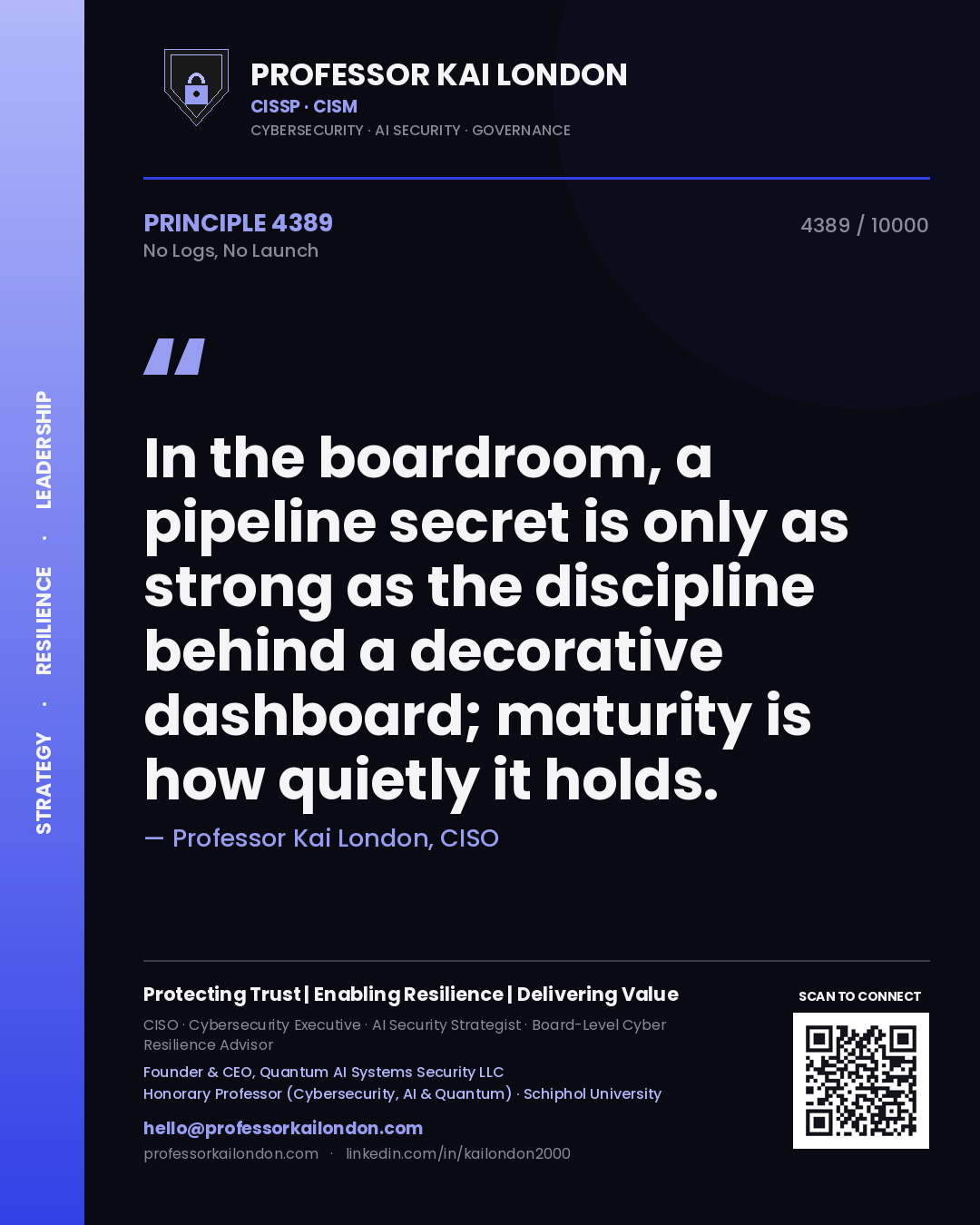 Quote card by Professor Kai London reading 'In the boardroom, a pipeline secret is only as strong as the discipline behind a decorative dashboard; maturity is how quietly it holds.'. From the book No Logs, No Launch.