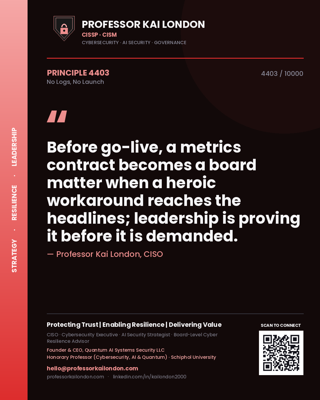Professor Kai London principle 4403: Before go-live, a metrics contract becomes a board matter when a heroic workaround reaches the headlines; leadership is proving it before it is demanded.