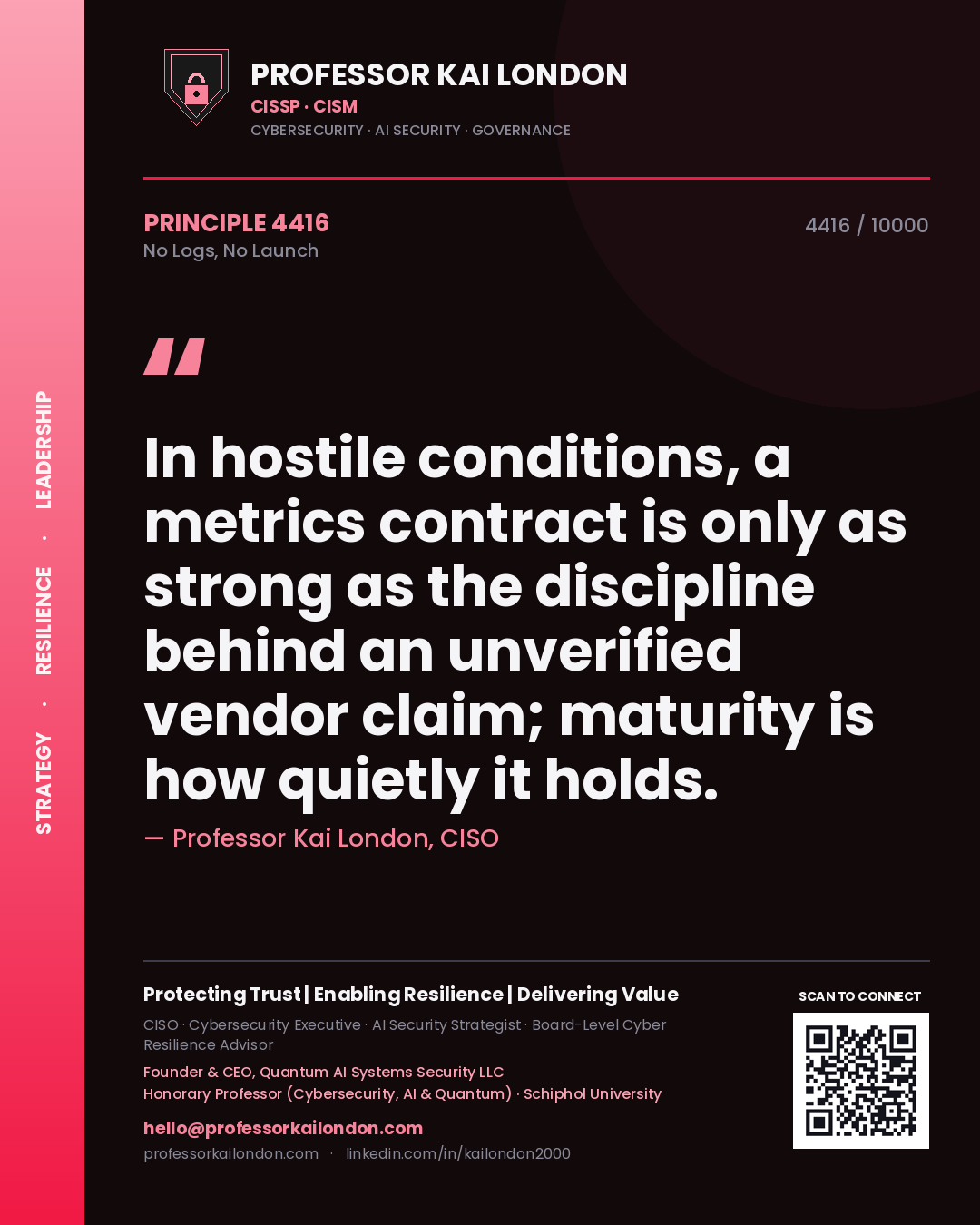 Quote card by Professor Kai London reading 'In hostile conditions, a metrics contract is only as strong as the discipline behind an unverified vendor claim; maturity is how quietly it holds.'. From the book No Logs, No Launch.