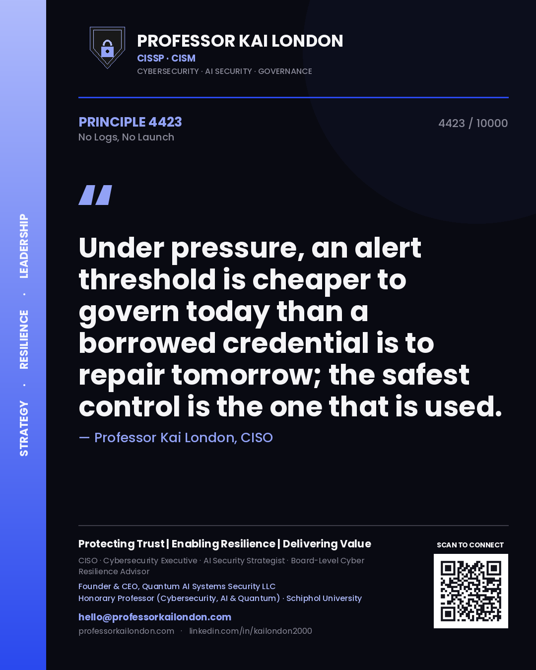 Quote card by Professor Kai London reading 'Under pressure, an alert threshold is cheaper to govern today than a borrowed credential is to repair tomorrow; the safest control is the one that is used.'. From the book No Logs, No Launch.