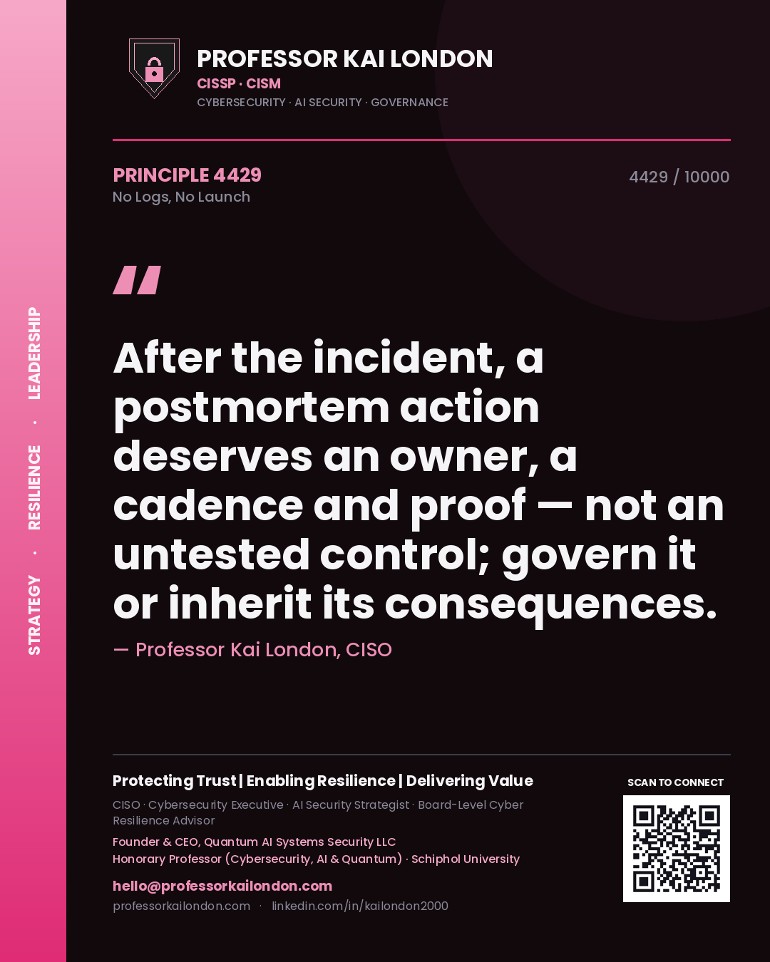 Quote card by Professor Kai London reading 'After the incident, a postmortem action deserves an owner, a cadence and proof — not an untested control; govern it or inherit its consequences.'. From the book No Logs, No Launch.