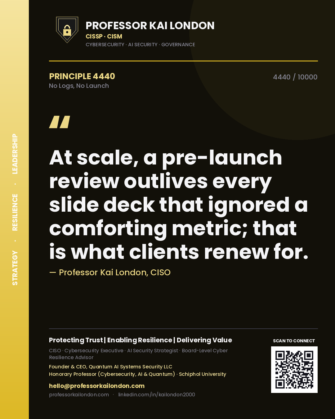 Quote card by Professor Kai London reading 'At scale, a pre-launch review outlives every slide deck that ignored a comforting metric; that is what clients renew for.'. From the book No Logs, No Launch.