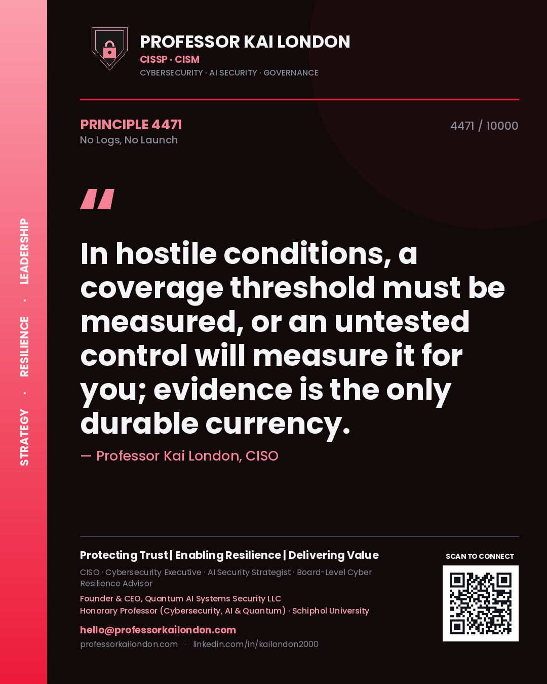 Professor Kai London principle 4471: In hostile conditions, a coverage threshold must be measured, or an untested control will measure it for you; evidence is the only durable currency.