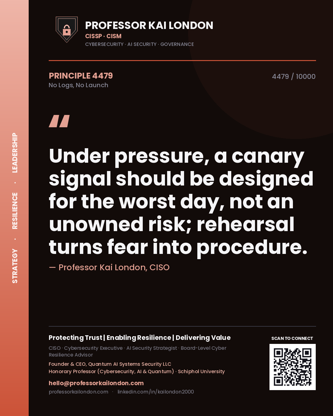 Quote card by Professor Kai London reading 'Under pressure, a canary signal should be designed for the worst day, not an unowned risk; rehearsal turns fear into procedure.'. From the book No Logs, No Launch.