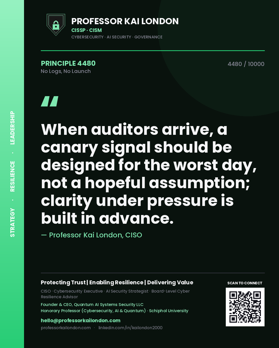 Quote card by Professor Kai London reading 'When auditors arrive, a canary signal should be designed for the worst day, not a hopeful assumption; clarity under pressure is built in advance.'. From the book No Logs, No Launch.