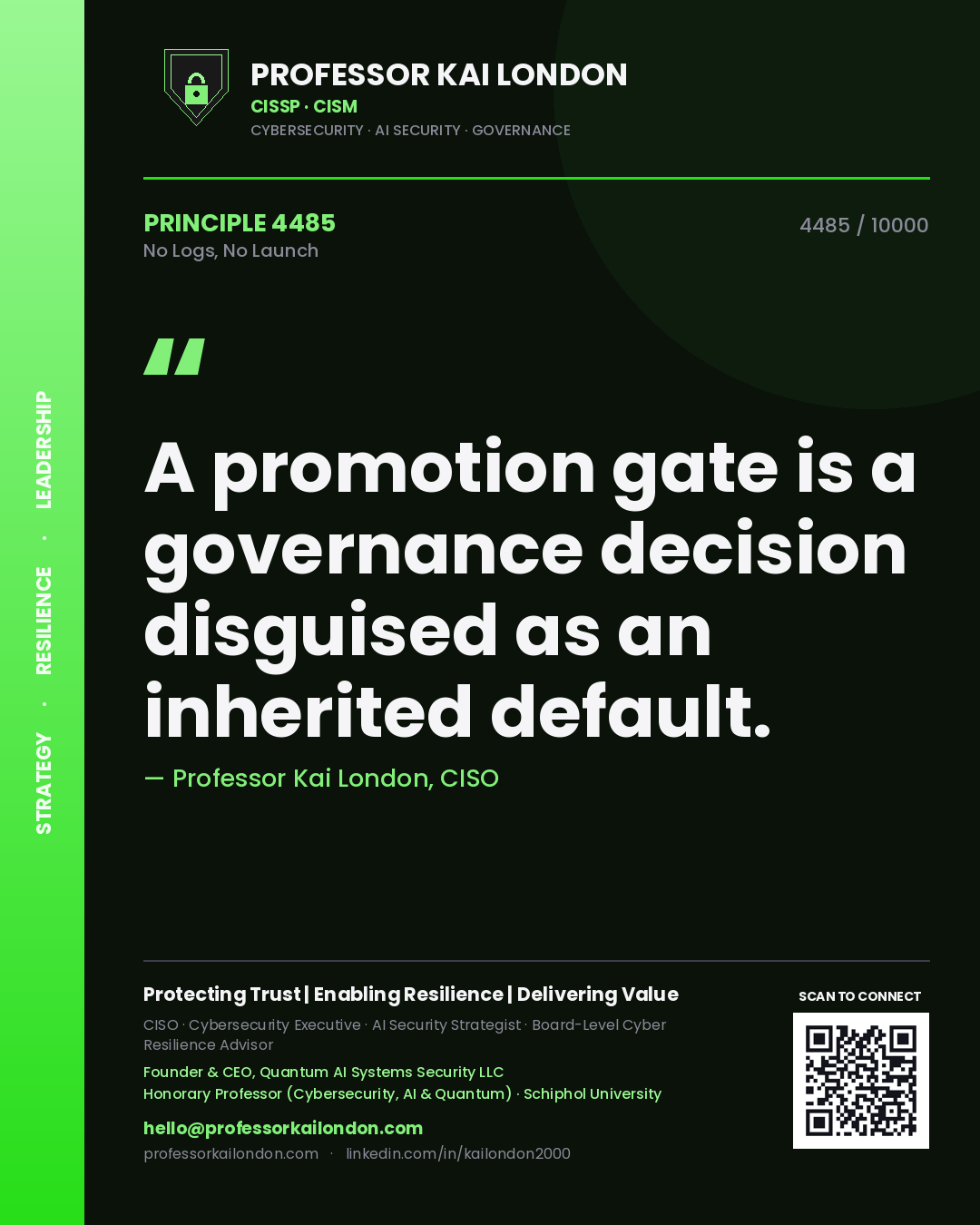Quote card by Professor Kai London reading 'A promotion gate is a governance decision disguised as an inherited default.'. From the book No Logs, No Launch.