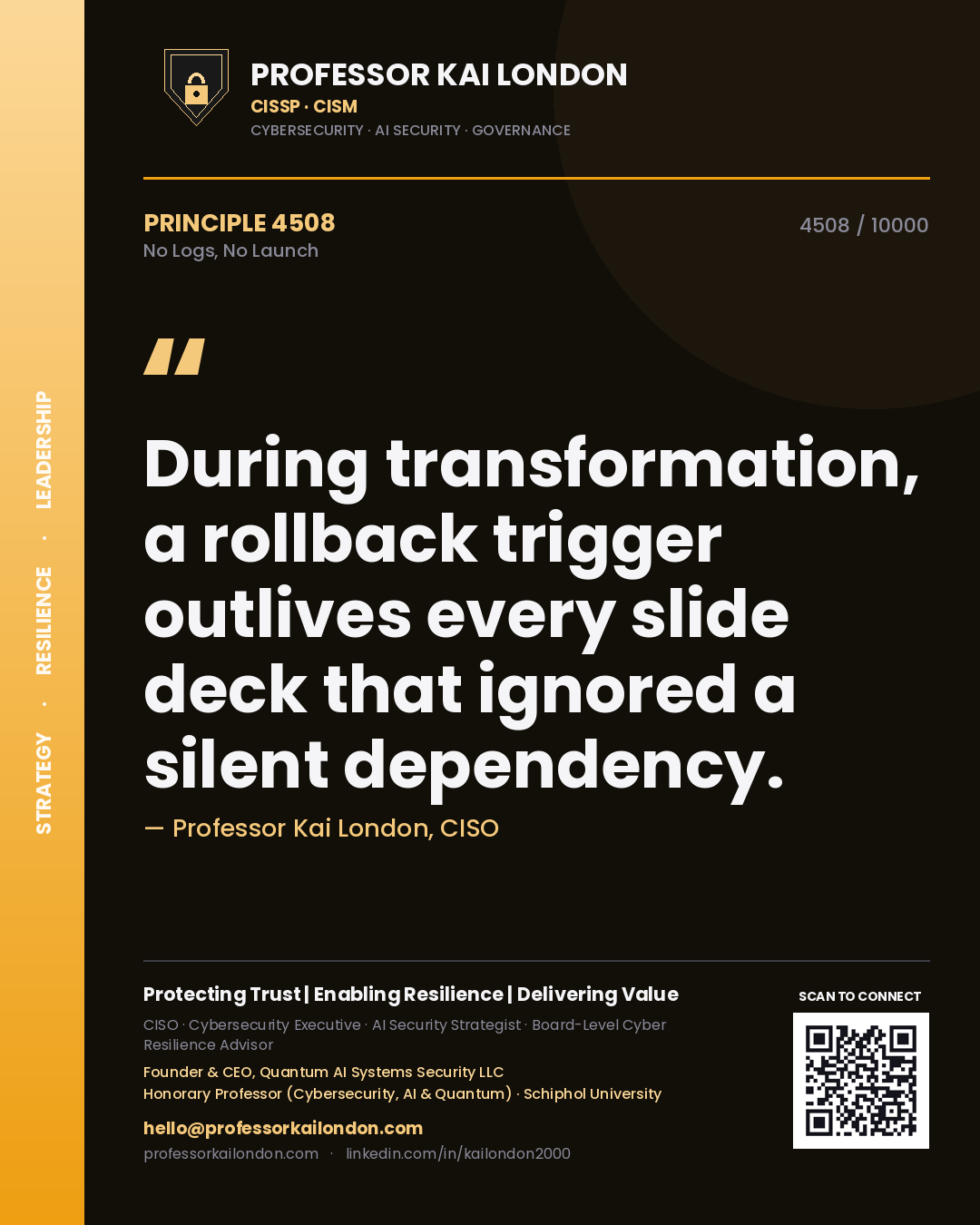Quote card by Professor Kai London reading 'During transformation, a rollback trigger outlives every slide deck that ignored a silent dependency.'. From the book No Logs, No Launch.