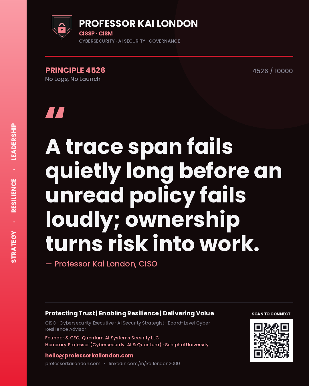 Quote card by Professor Kai London reading 'A trace span fails quietly long before an unread policy fails loudly; ownership turns risk into work.'. From the book No Logs, No Launch.