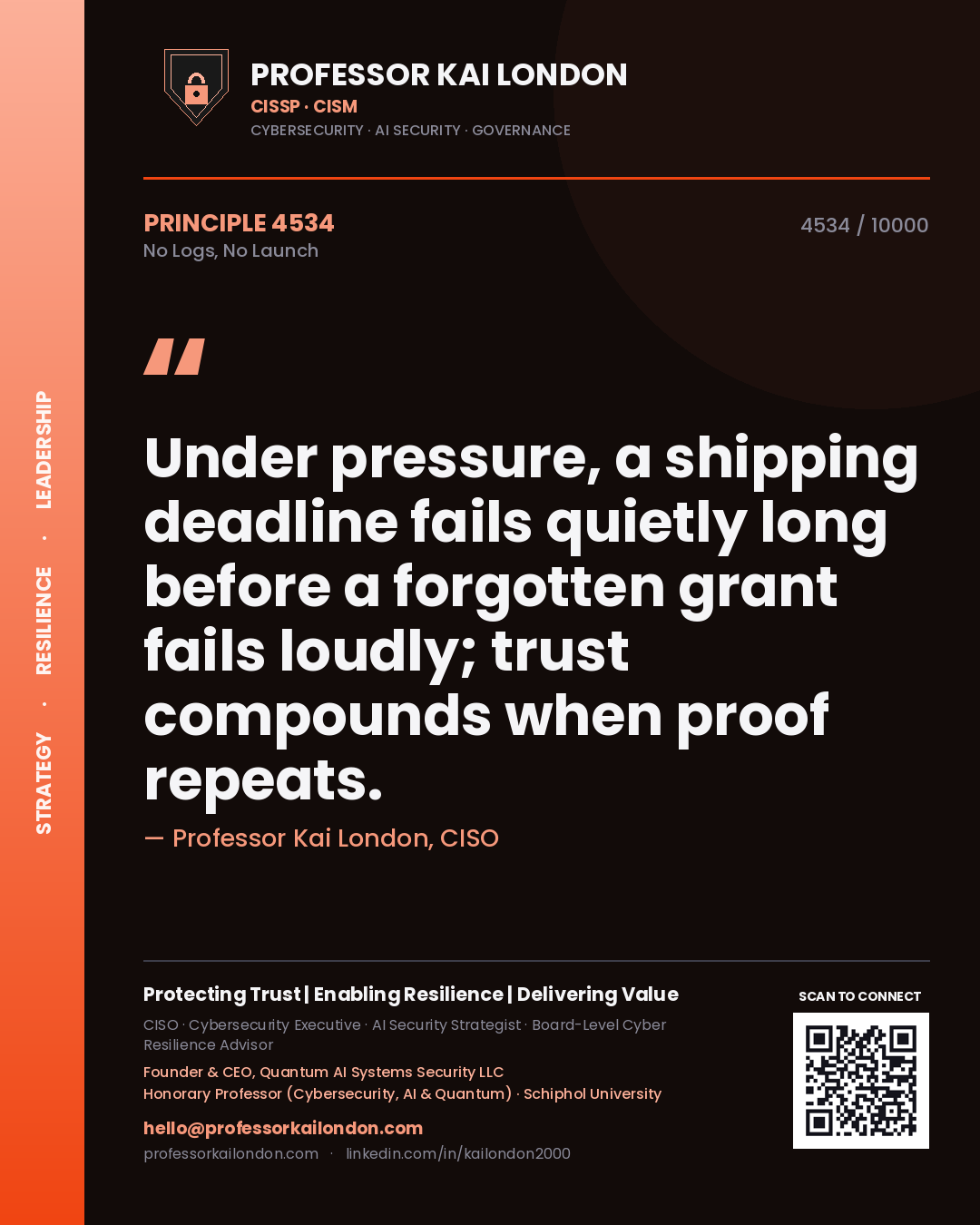 Quote card by Professor Kai London reading 'Under pressure, a shipping deadline fails quietly long before a forgotten grant fails loudly; trust compounds when proof repeats.'. From the book No Logs, No Launch.