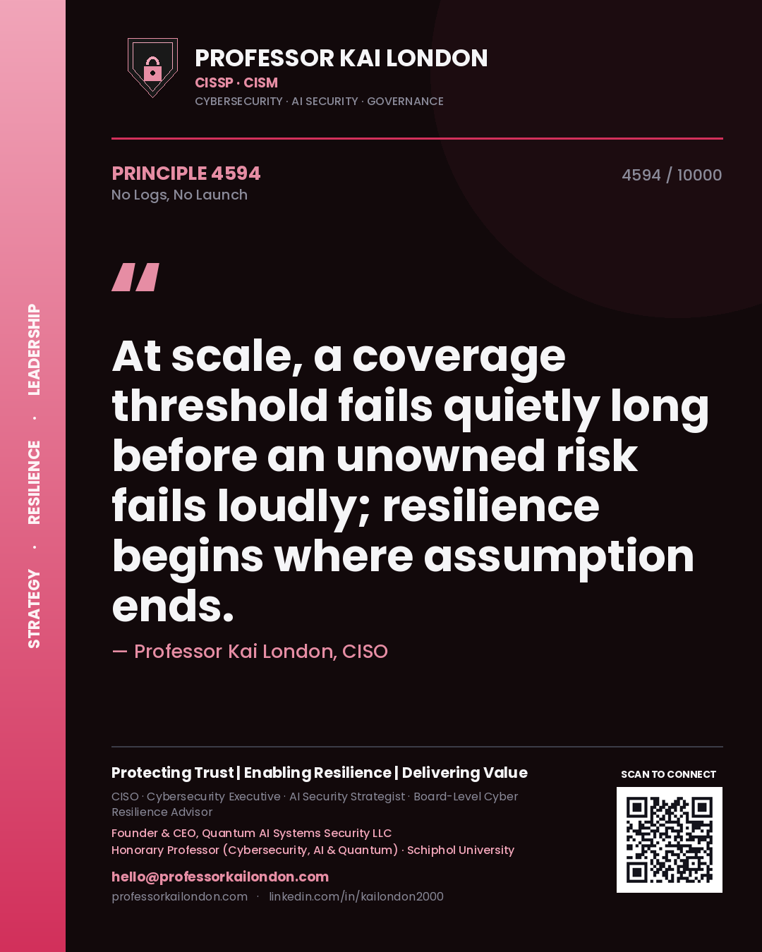 Quote card by Professor Kai London reading 'At scale, a coverage threshold fails quietly long before an unowned risk fails loudly; resilience begins where assumption ends.'. From the book No Logs, No Launch.