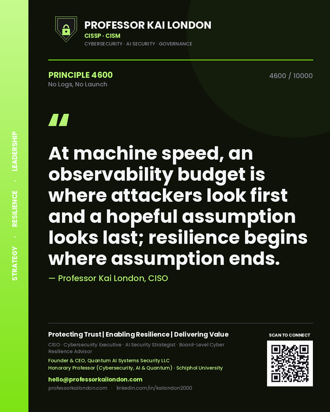 Quote card by Professor Kai London reading 'At machine speed, an observability budget is where attackers look first and a hopeful assumption looks last; resilience begins where assumption ends.'. From the book No Logs, No Launch.