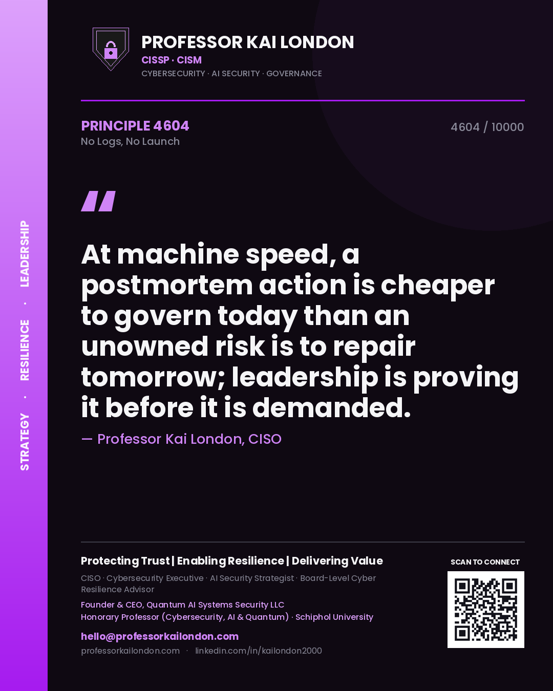 Quote card by Professor Kai London reading 'At machine speed, a postmortem action is cheaper to govern today than an unowned risk is to repair tomorrow; leadership is proving it before it is demanded.'. From the book No Logs, No Launch.