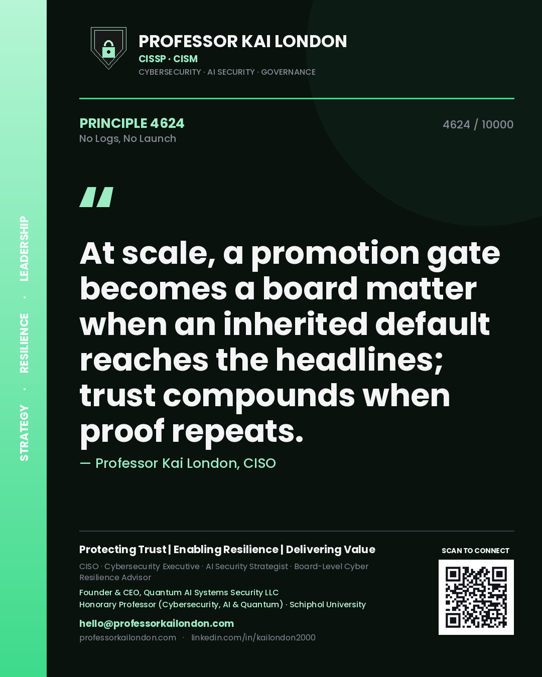 Professor Kai London principle 4624: At scale, a promotion gate becomes a board matter when an inherited default reaches the headlines; trust compounds when proof repeats.