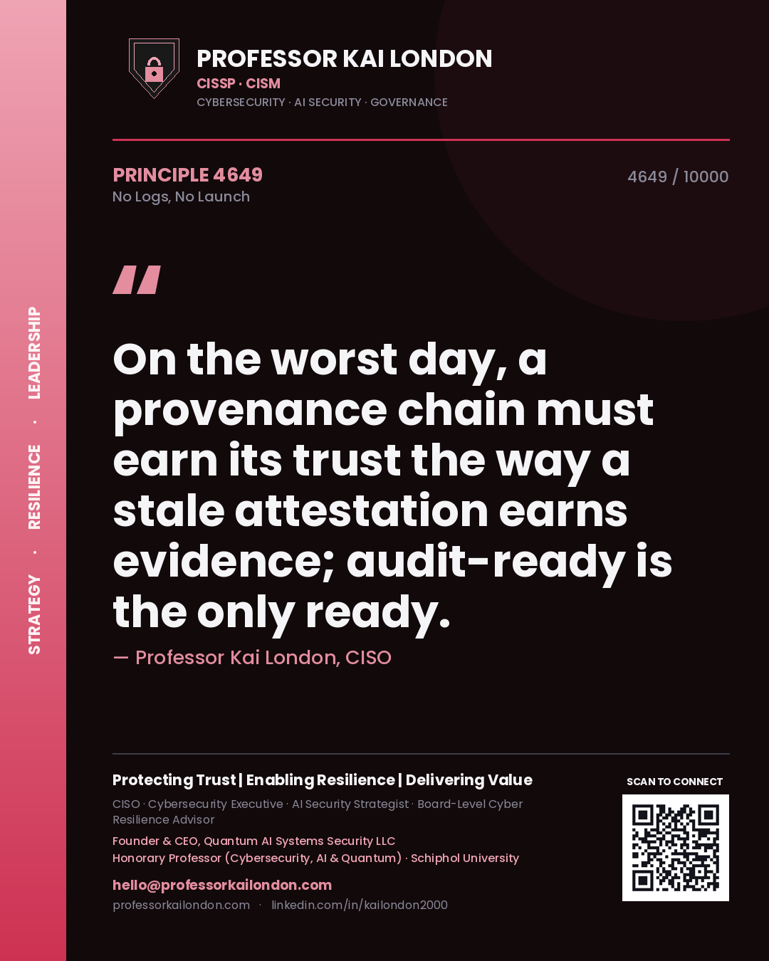 Quote card by Professor Kai London reading 'On the worst day, a provenance chain must earn its trust the way a stale attestation earns evidence; audit-ready is the only ready.'. From the book No Logs, No Launch.