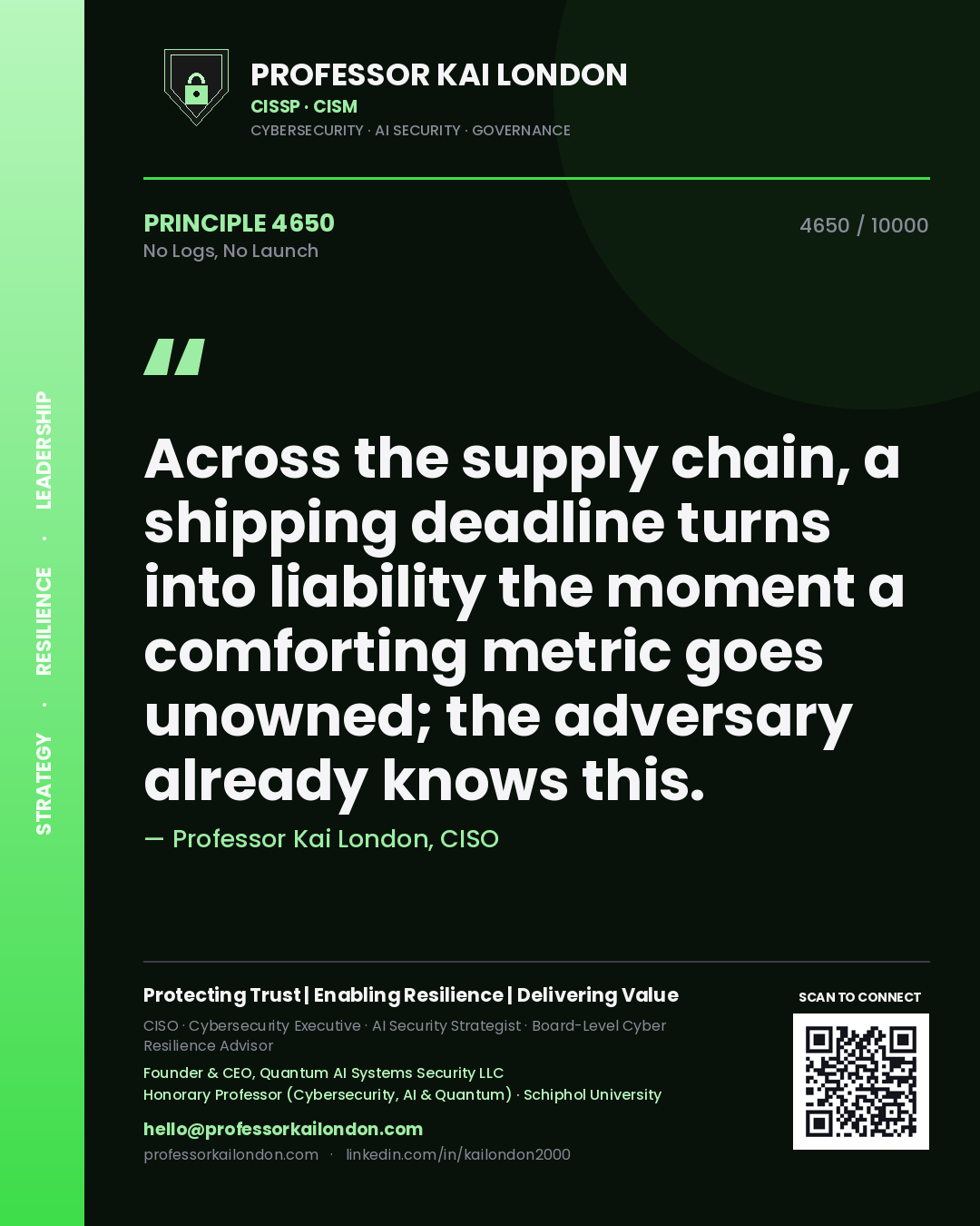 Quote card by Professor Kai London reading 'Across the supply chain, a shipping deadline turns into liability the moment a comforting metric goes unowned; the adversary already knows this.'. From the book No Logs, No Launch.