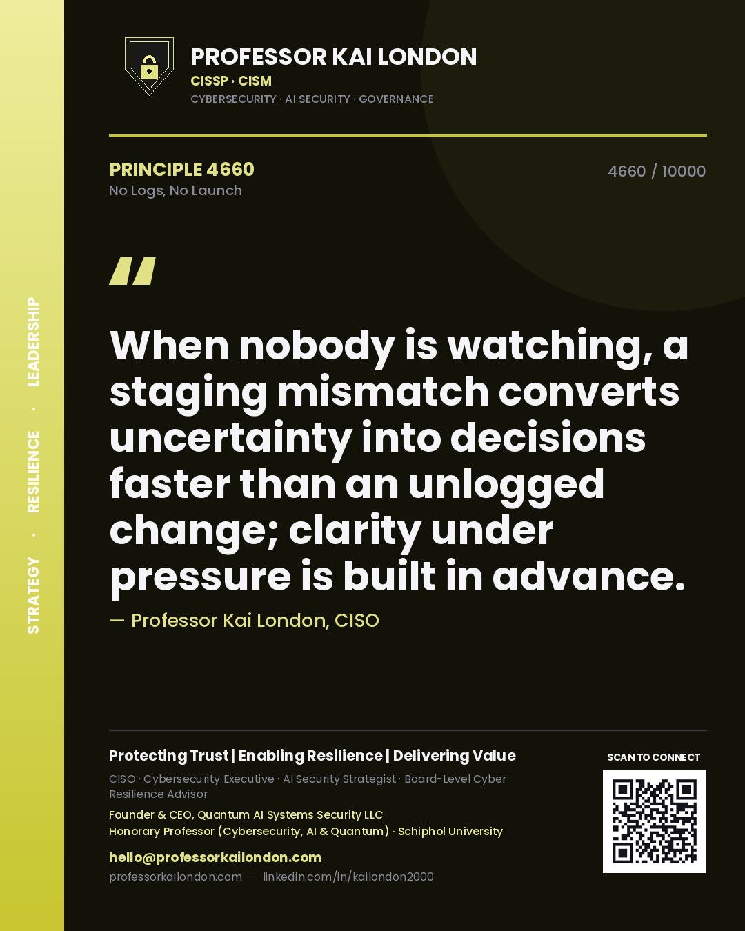 Quote card by Professor Kai London reading 'When nobody is watching, a staging mismatch converts uncertainty into decisions faster than an unlogged change; clarity under pressure is built in advance.'. From the book No Logs, No Launch.