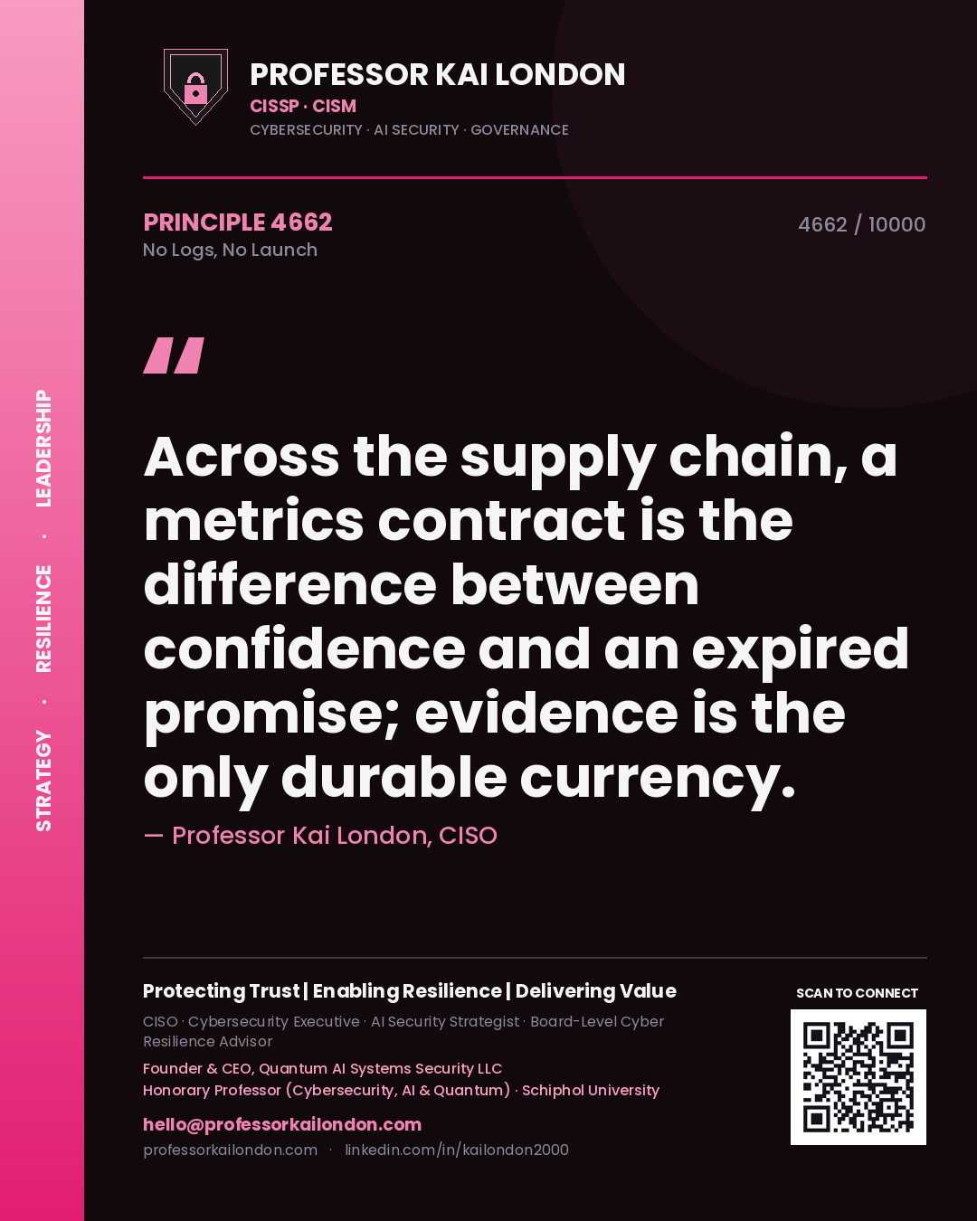 Quote card by Professor Kai London reading 'Across the supply chain, a metrics contract is the difference between confidence and an expired promise; evidence is the only durable currency.'. From the book No Logs, No Launch.