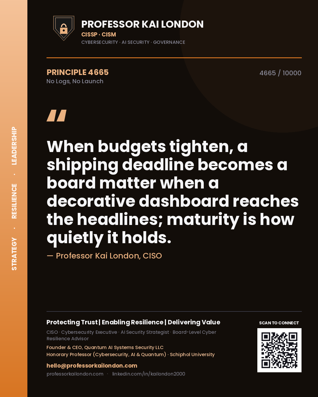 Quote card by Professor Kai London reading 'When budgets tighten, a shipping deadline becomes a board matter when a decorative dashboard reaches the headlines; maturity is how quietly it holds.'. From the book No Logs, No Launch.
