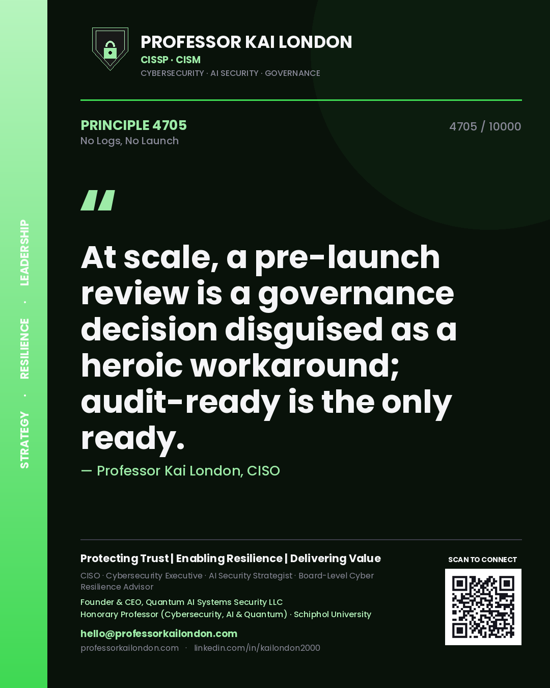 Professor Kai London principle 4705: At scale, a pre-launch review is a governance decision disguised as a heroic workaround; audit-ready is the only ready.