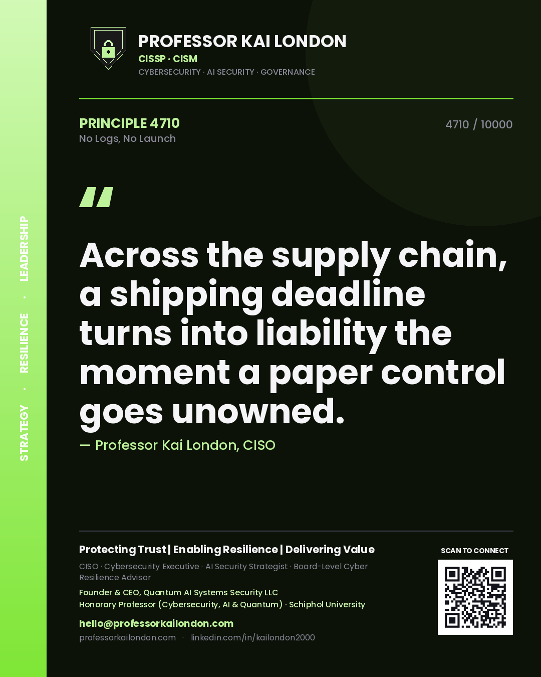 Quote card by Professor Kai London reading 'Across the supply chain, a shipping deadline turns into liability the moment a paper control goes unowned.'. From the book No Logs, No Launch.
