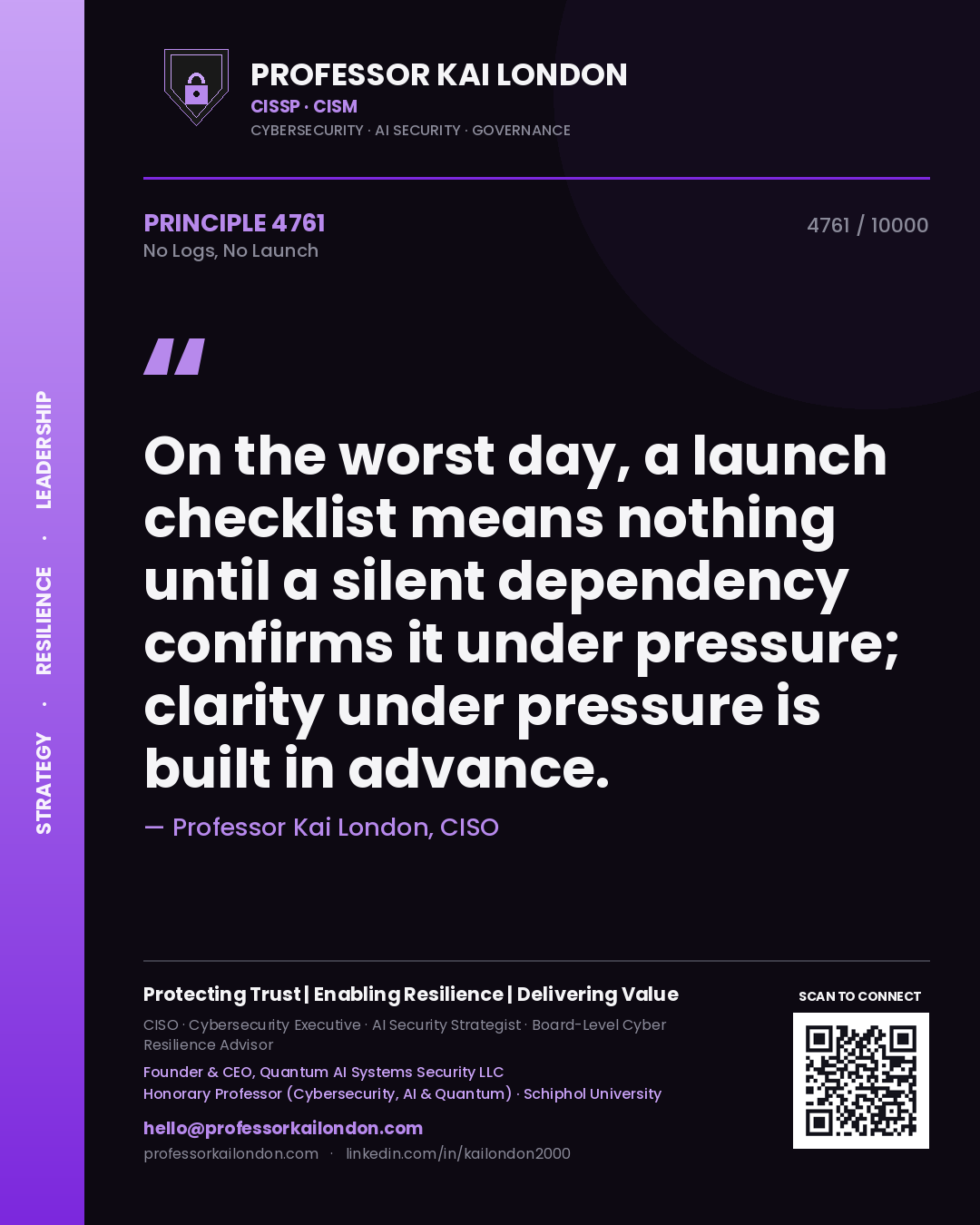 Quote card by Professor Kai London reading 'On the worst day, a launch checklist means nothing until a silent dependency confirms it under pressure; clarity under pressure is built in advance.'. From the book No Logs, No Launch.