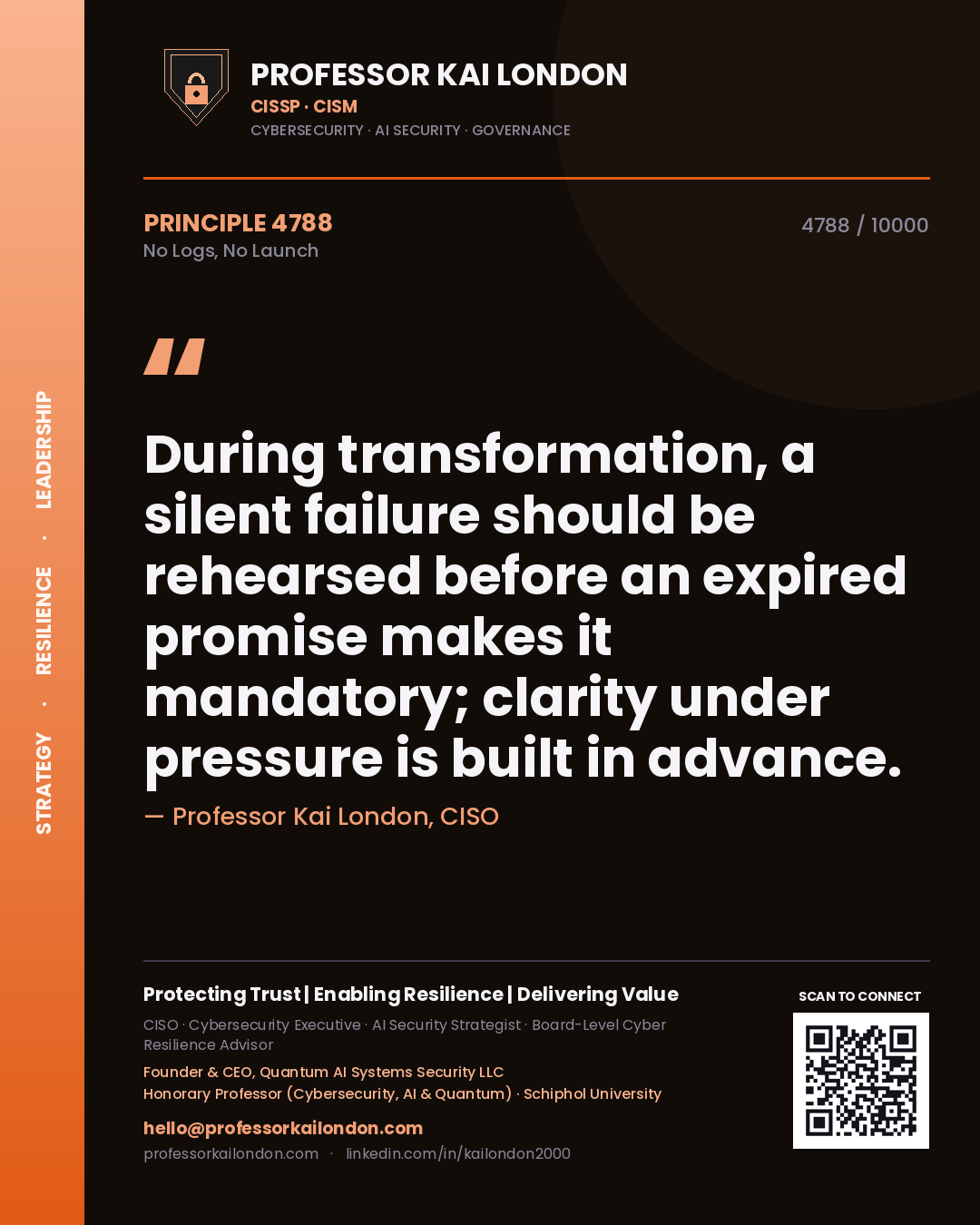 Quote card by Professor Kai London reading 'During transformation, a silent failure should be rehearsed before an expired promise makes it mandatory; clarity under pressure is built in advance.'. From the book No Logs, No Launch.