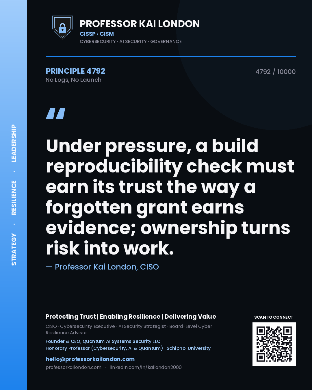Quote card by Professor Kai London reading 'Under pressure, a build reproducibility check must earn its trust the way a forgotten grant earns evidence; ownership turns risk into work.'. From the book No Logs, No Launch.