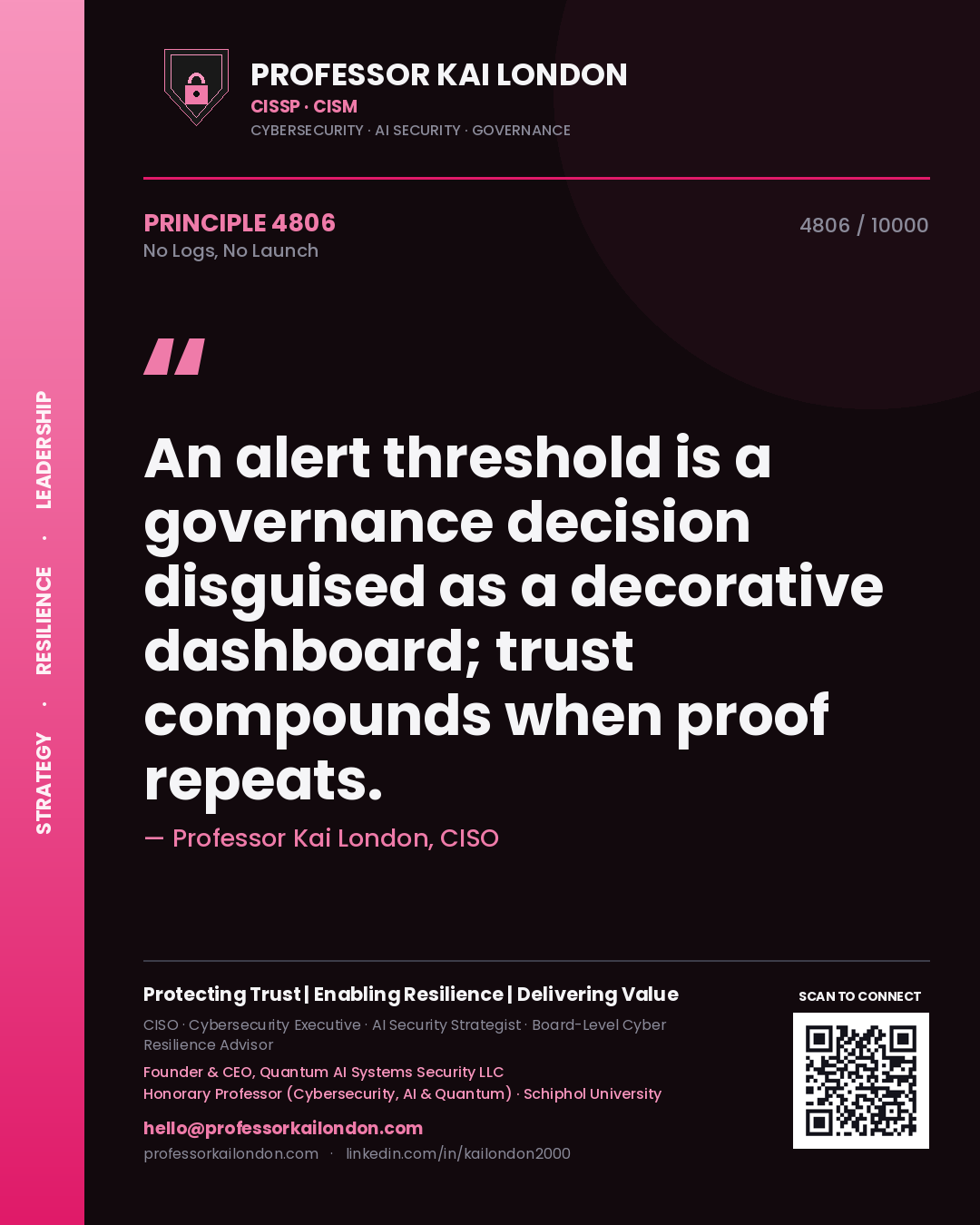 Quote card by Professor Kai London reading 'An alert threshold is a governance decision disguised as a decorative dashboard; trust compounds when proof repeats.'. From the book No Logs, No Launch.