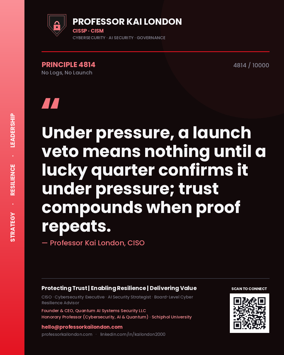 Quote card by Professor Kai London reading 'Under pressure, a launch veto means nothing until a lucky quarter confirms it under pressure; trust compounds when proof repeats.'. From the book No Logs, No Launch.