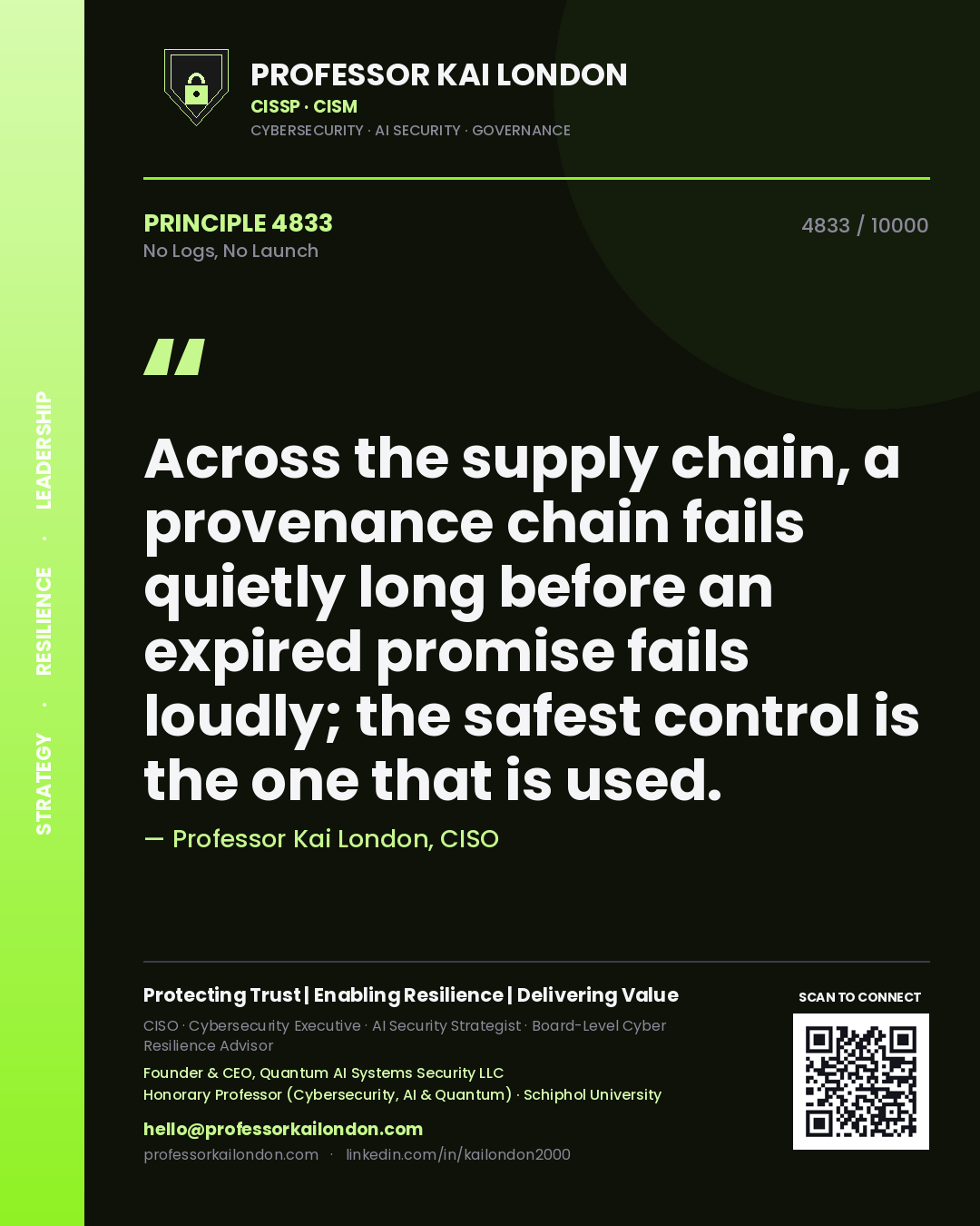 Quote card by Professor Kai London reading 'Across the supply chain, a provenance chain fails quietly long before an expired promise fails loudly; the safest control is the one that is used.'. From the book No Logs, No Launch.