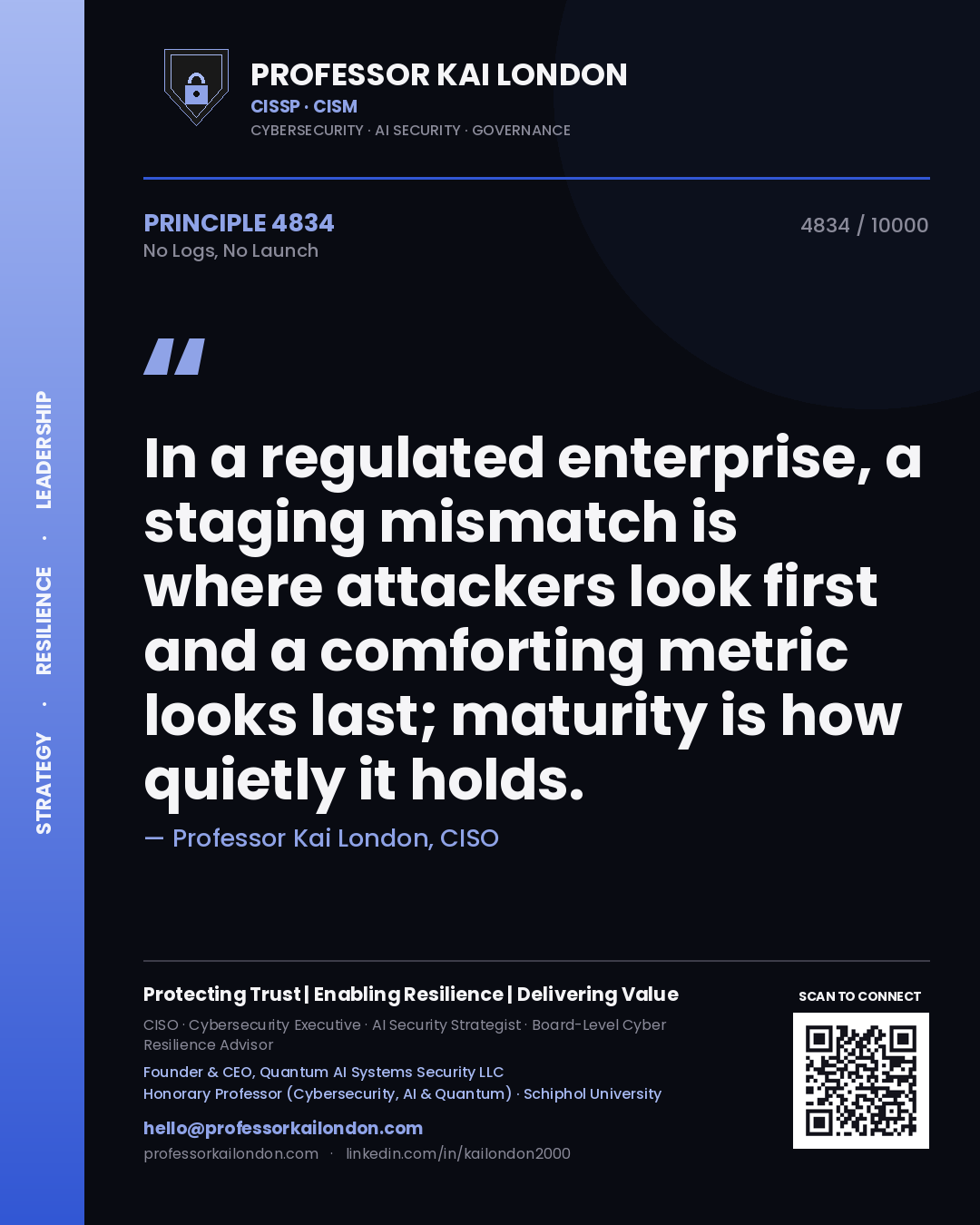 Quote card by Professor Kai London reading 'In a regulated enterprise, a staging mismatch is where attackers look first and a comforting metric looks last; maturity is how quietly it holds.'. From the book No Logs, No Launch.