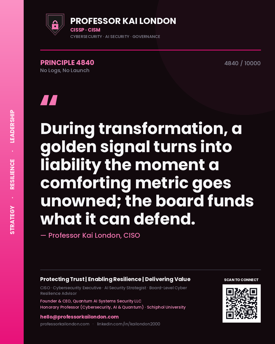 Quote card by Professor Kai London reading 'During transformation, a golden signal turns into liability the moment a comforting metric goes unowned; the board funds what it can defend.'. From the book No Logs, No Launch.
