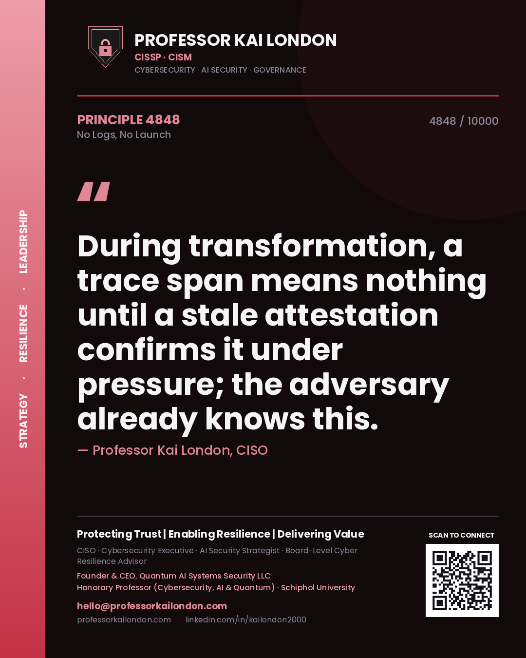 Quote card by Professor Kai London reading 'During transformation, a trace span means nothing until a stale attestation confirms it under pressure; the adversary already knows this.'. From the book No Logs, No Launch.