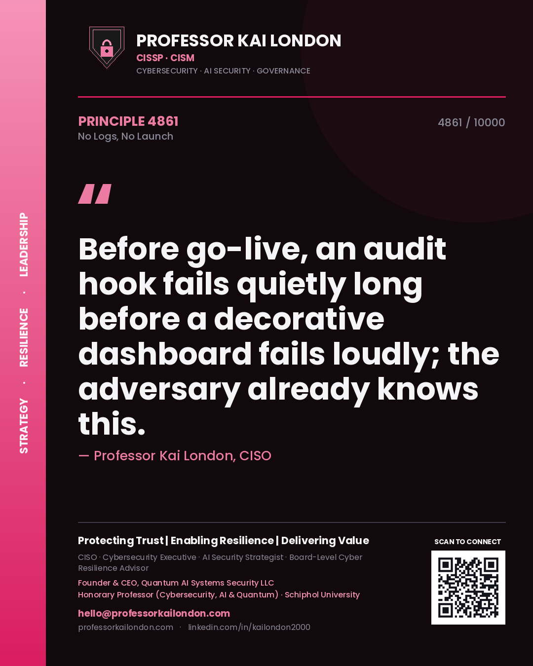 Quote card by Professor Kai London reading 'Before go-live, an audit hook fails quietly long before a decorative dashboard fails loudly; the adversary already knows this.'. From the book No Logs, No Launch.