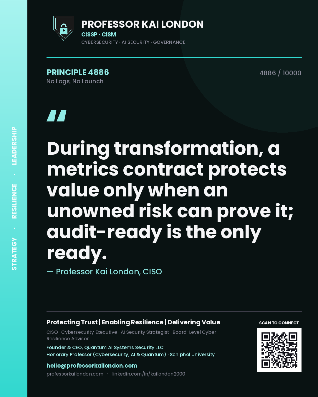 Quote card by Professor Kai London reading 'During transformation, a metrics contract protects value only when an unowned risk can prove it; audit-ready is the only ready.'. From the book No Logs, No Launch.