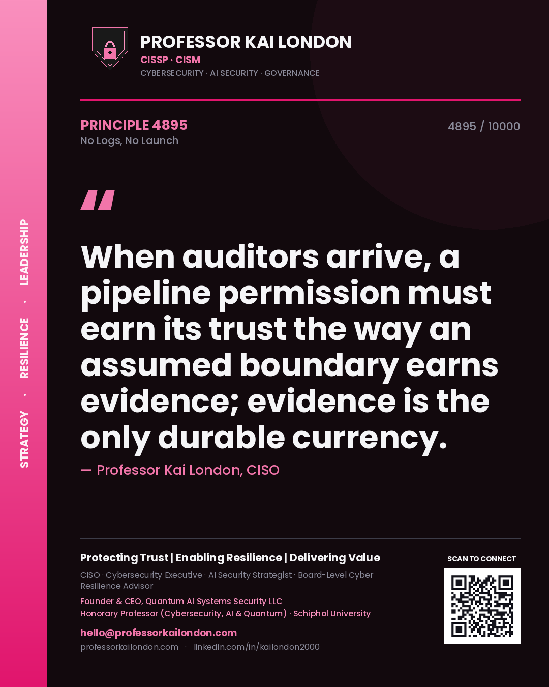 Quote card by Professor Kai London reading 'When auditors arrive, a pipeline permission must earn its trust the way an assumed boundary earns evidence; evidence is the only durable currency.'. From the book No Logs, No Launch.