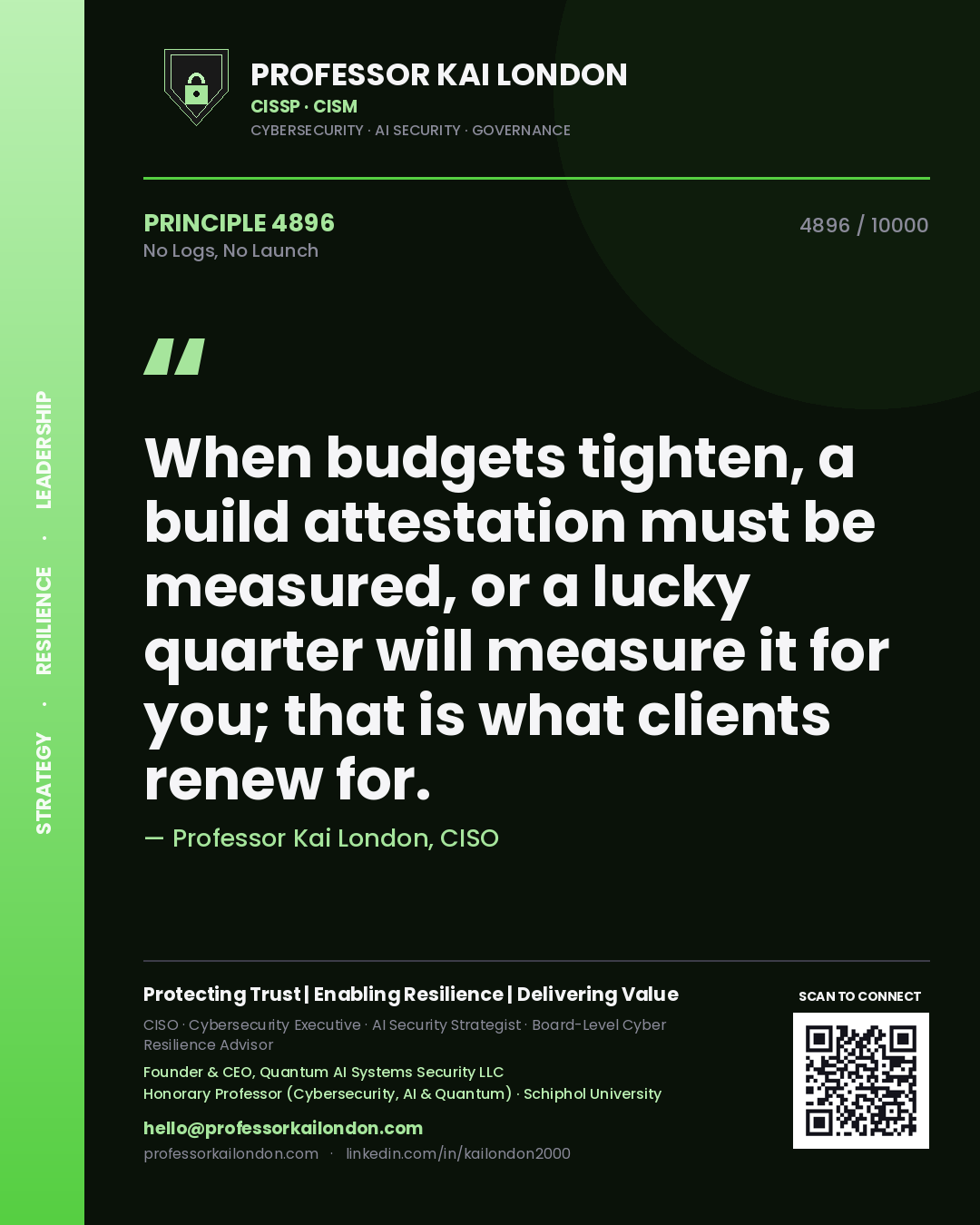 Quote card by Professor Kai London reading 'When budgets tighten, a build attestation must be measured, or a lucky quarter will measure it for you; that is what clients renew for.'. From the book No Logs, No Launch.