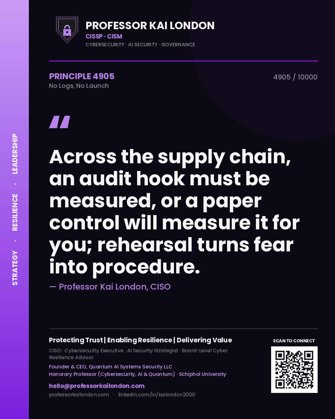 Professor Kai London principle 4905: Across the supply chain, an audit hook must be measured, or a paper control will measure it for you; rehearsal turns fear into procedure.