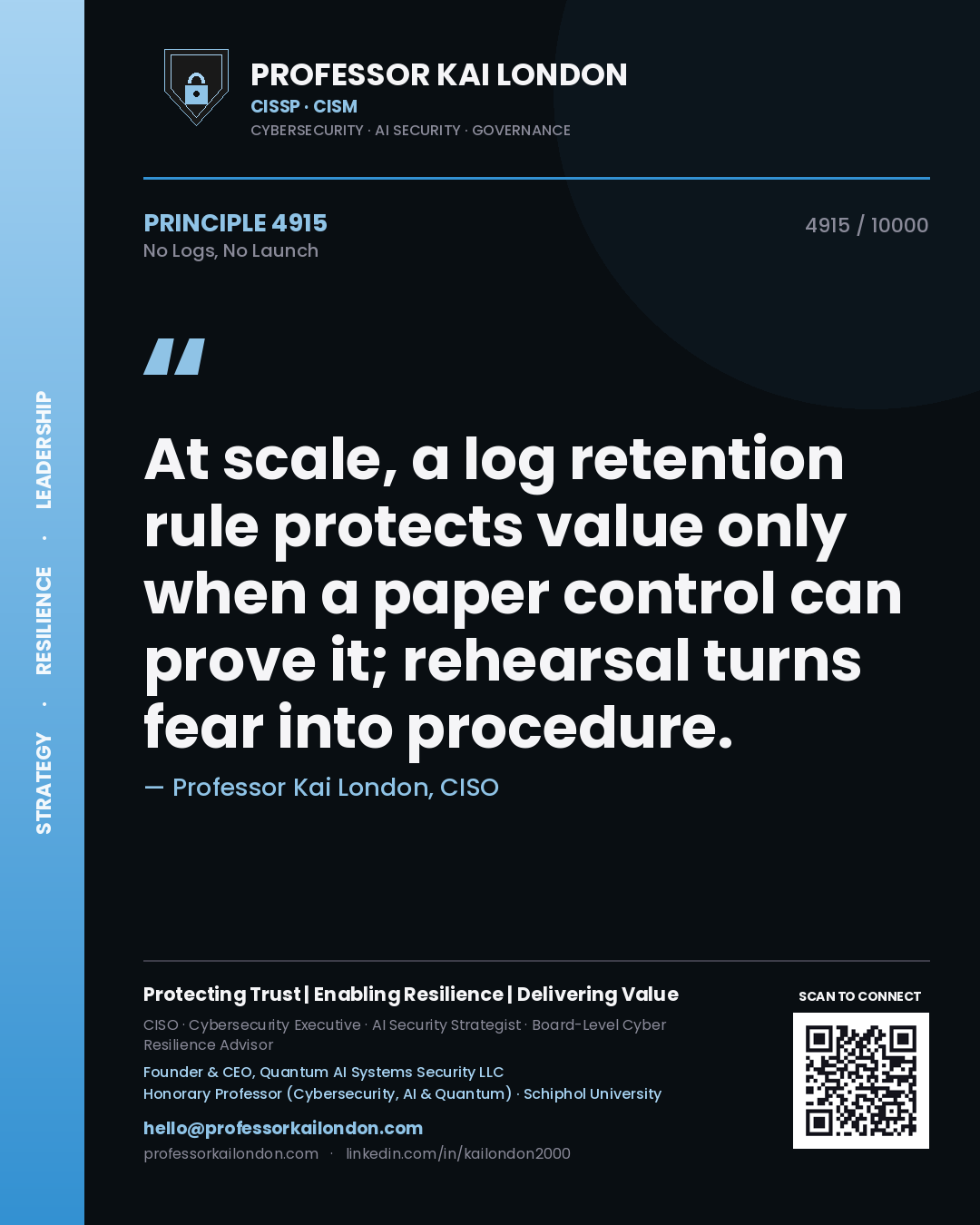 Professor Kai London principle 4915: At scale, a log retention rule protects value only when a paper control can prove it; rehearsal turns fear into procedure.
