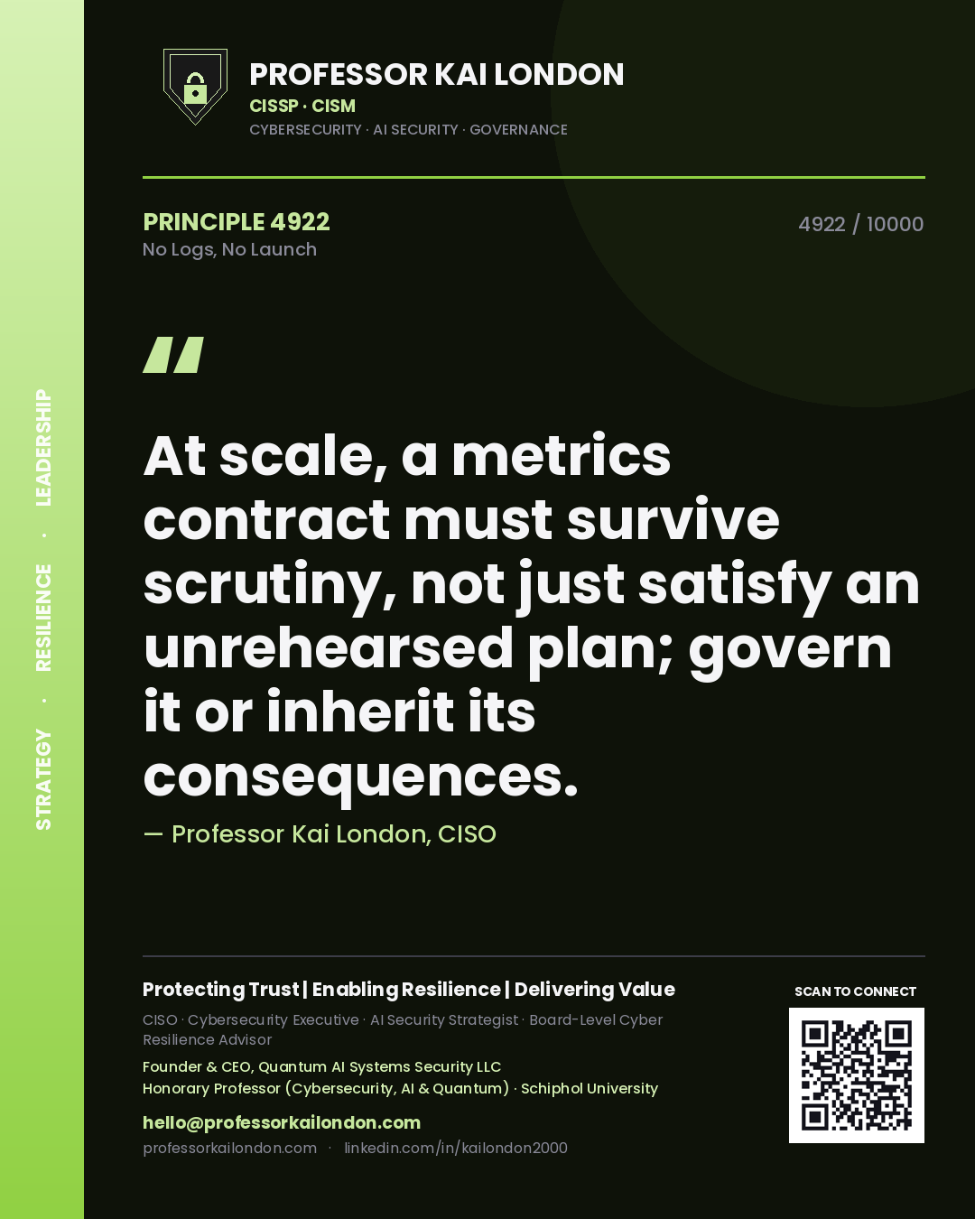 Professor Kai London principle 4922: At scale, a metrics contract must survive scrutiny, not just satisfy an unrehearsed plan; govern it or inherit its consequences.