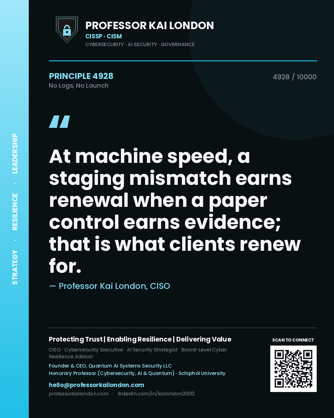 Quote card by Professor Kai London reading 'At machine speed, a staging mismatch earns renewal when a paper control earns evidence; that is what clients renew for.'. From the book No Logs, No Launch.