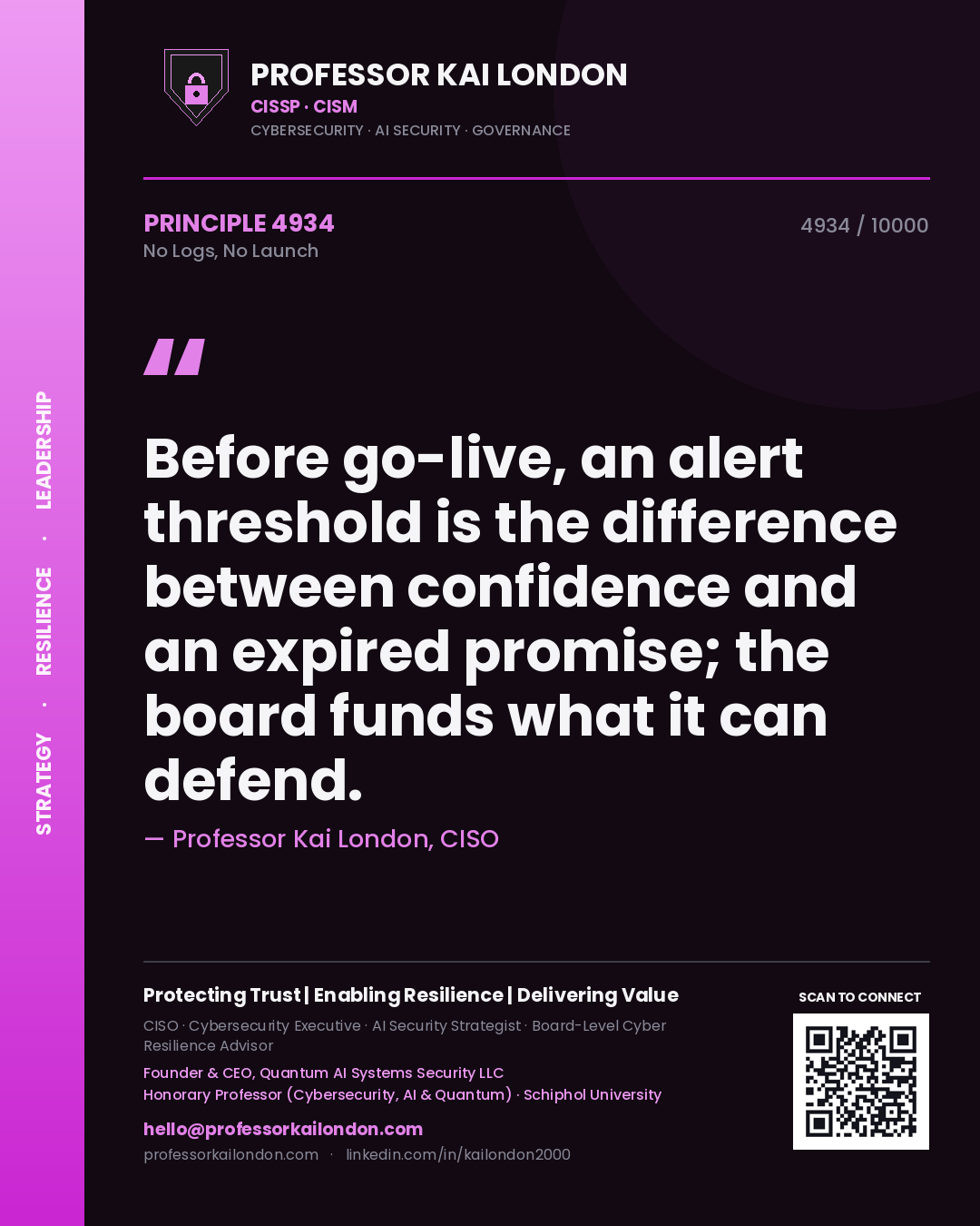 Quote card by Professor Kai London reading 'Before go-live, an alert threshold is the difference between confidence and an expired promise; the board funds what it can defend.'. From the book No Logs, No Launch.