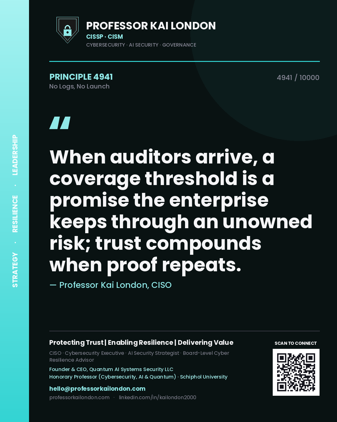 Quote card by Professor Kai London reading 'When auditors arrive, a coverage threshold is a promise the enterprise keeps through an unowned risk; trust compounds when proof repeats.'. From the book No Logs, No Launch.