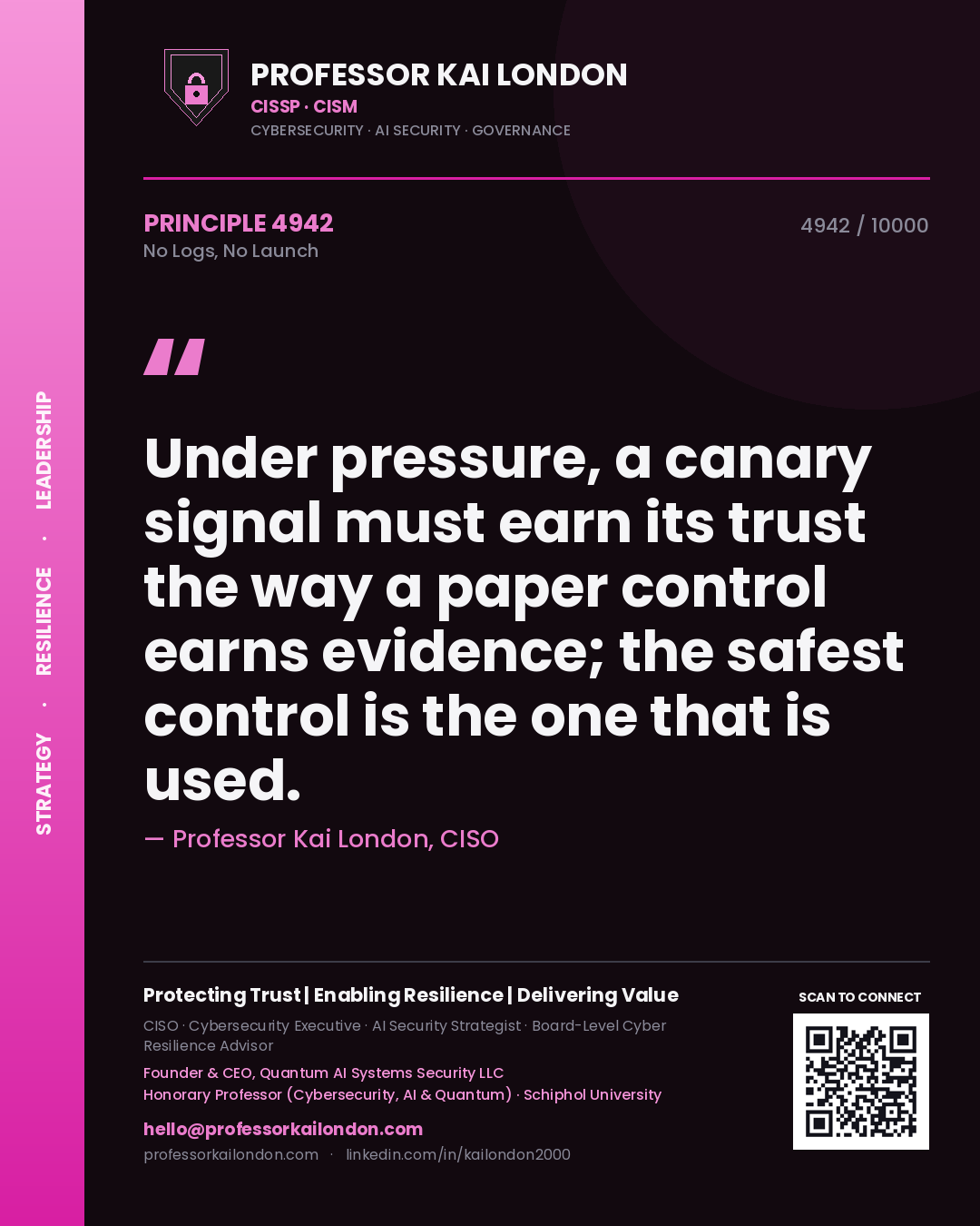 Quote card by Professor Kai London reading 'Under pressure, a canary signal must earn its trust the way a paper control earns evidence; the safest control is the one that is used.'. From the book No Logs, No Launch.