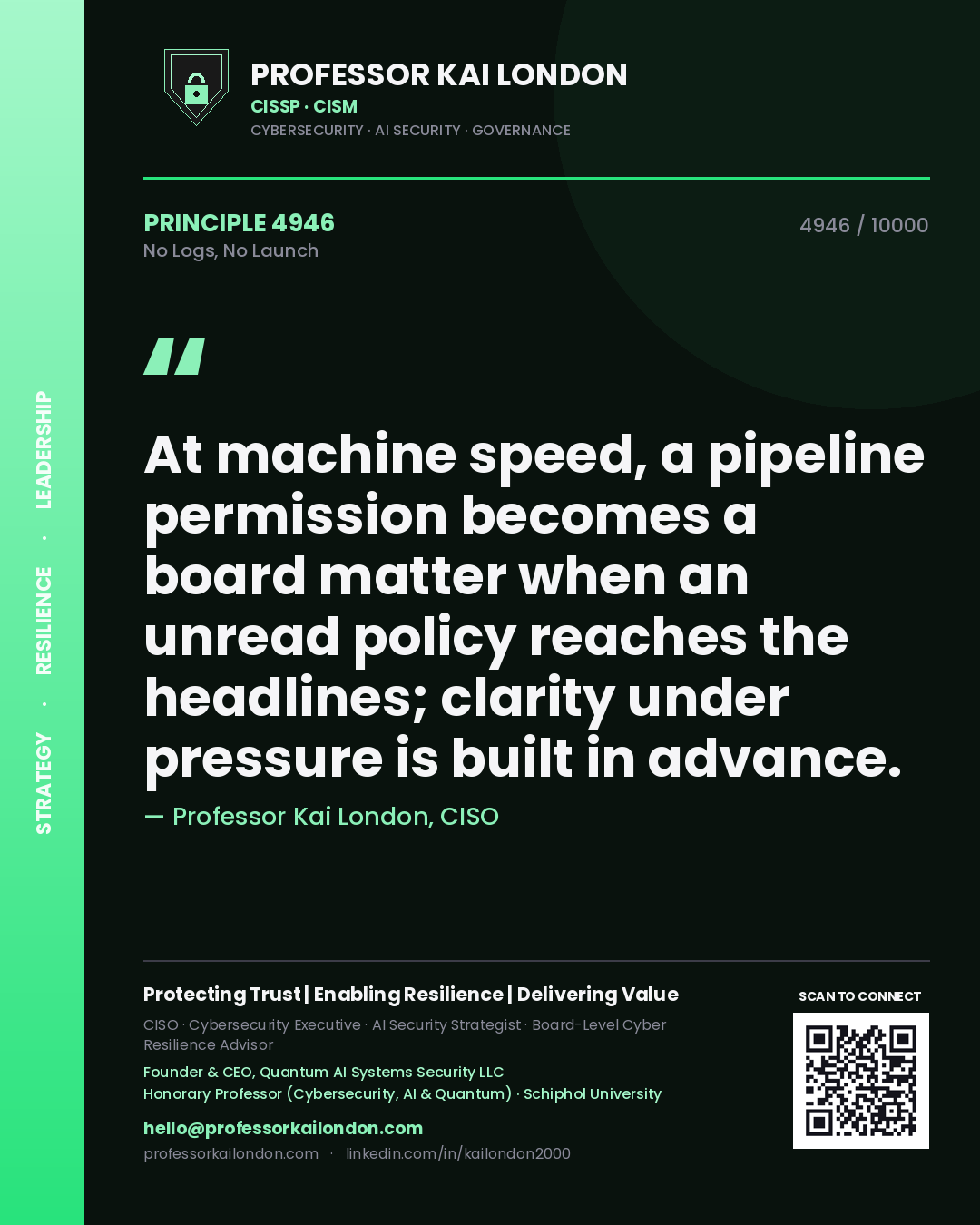 Professor Kai London principle 4946: At machine speed, a pipeline permission becomes a board matter when an unread policy reaches the headlines; clarity under pressure is built in advance.