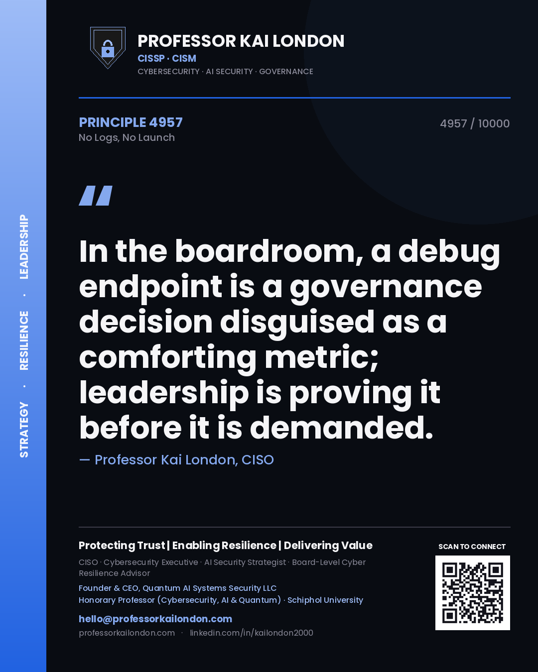 Quote card by Professor Kai London reading 'In the boardroom, a debug endpoint is a governance decision disguised as a comforting metric; leadership is proving it before it is demanded.'. From the book No Logs, No Launch.