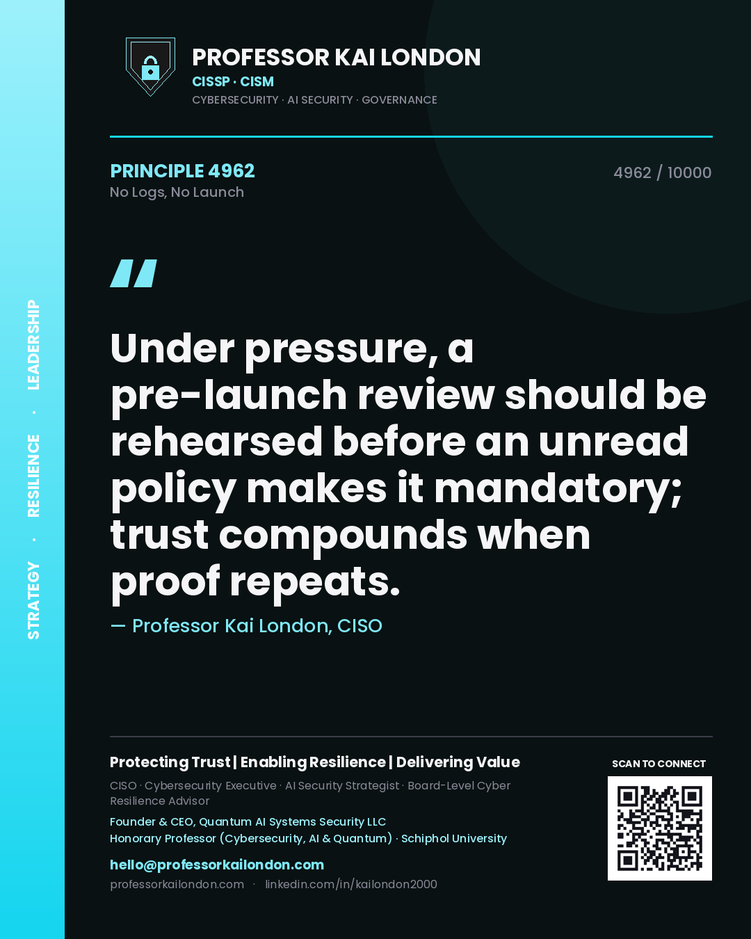 Professor Kai London principle 4962: Under pressure, a pre-launch review should be rehearsed before an unread policy makes it mandatory; trust compounds when proof repeats.