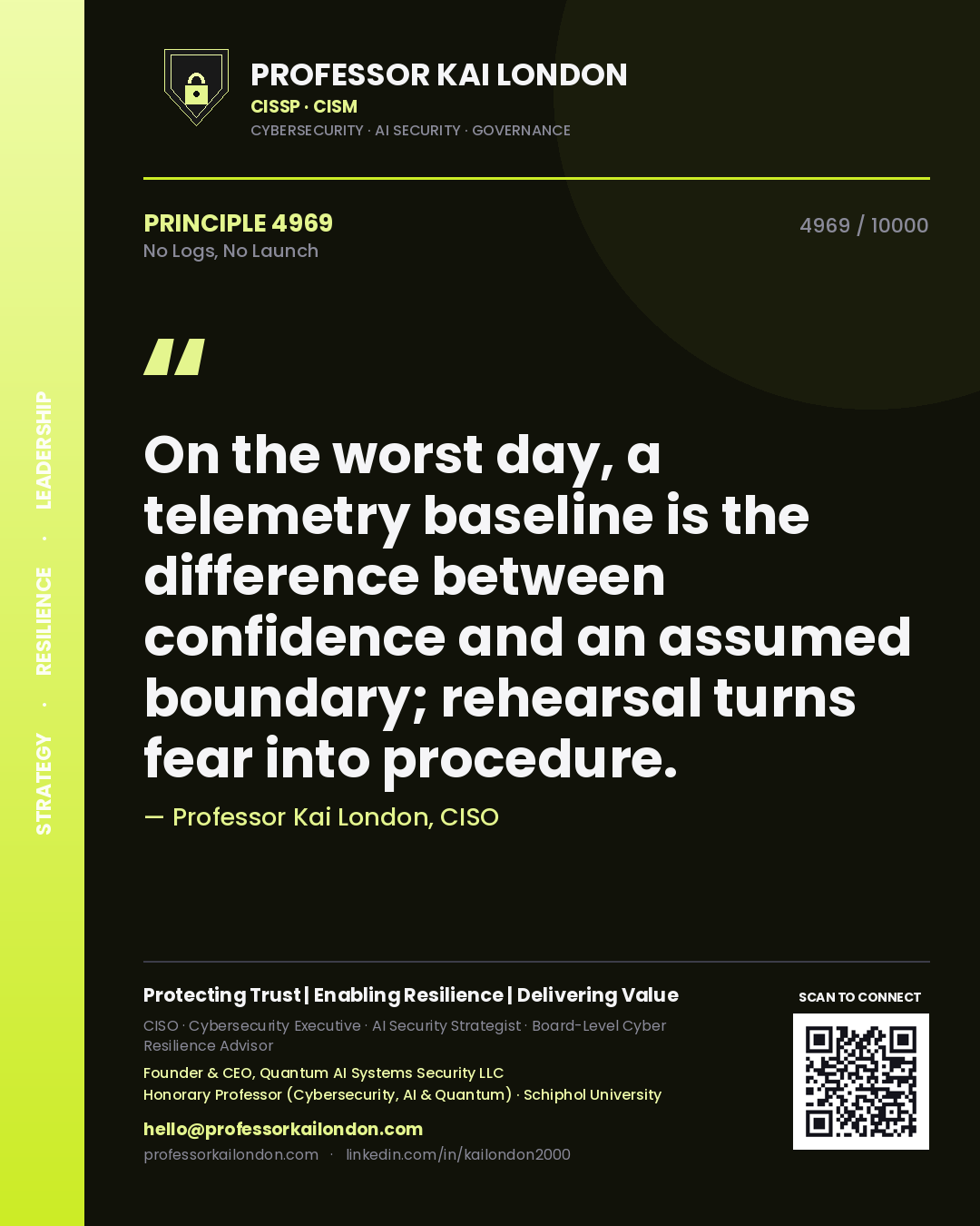 Quote card by Professor Kai London reading 'On the worst day, a telemetry baseline is the difference between confidence and an assumed boundary; rehearsal turns fear into procedure.'. From the book No Logs, No Launch.