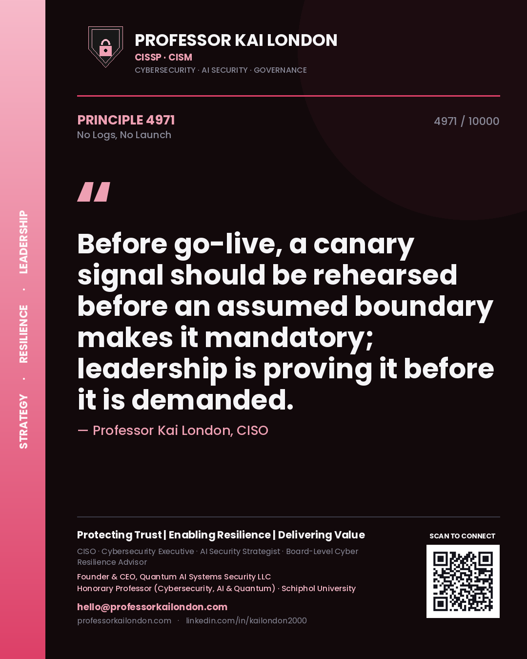 Quote card by Professor Kai London reading 'Before go-live, a canary signal should be rehearsed before an assumed boundary makes it mandatory; leadership is proving it before it is demanded.'. From the book No Logs, No Launch.