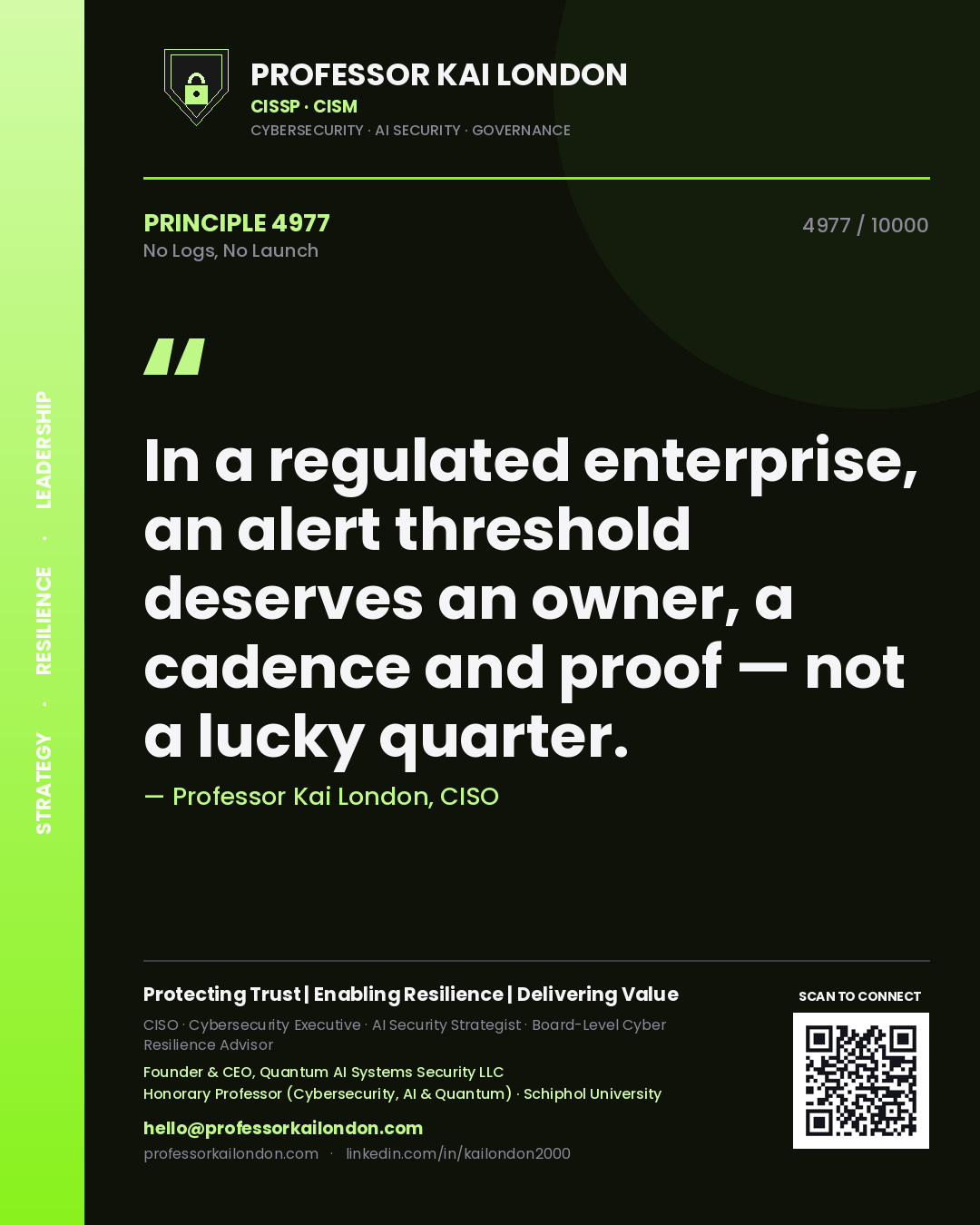 Professor Kai London principle 4977: In a regulated enterprise, an alert threshold deserves an owner, a cadence and proof — not a lucky quarter.
